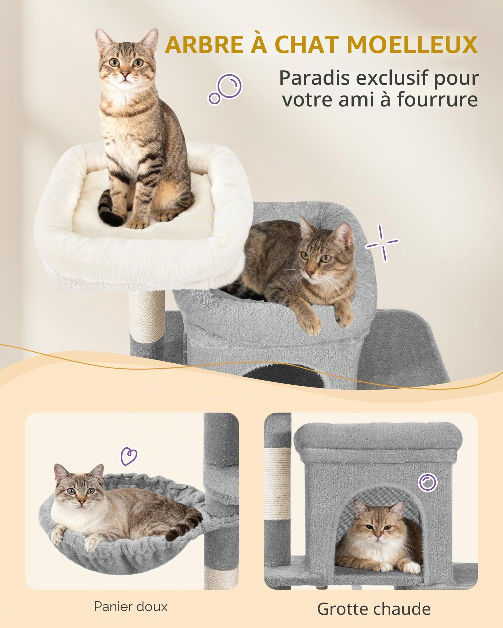 Hzuaneri Arbre a Chat, Petit Arbre à Chat de 95 cm, Spacieux et Stable, Fond Réglable, avec Grande Plateforme Souple, Pompons, Panier, Griffoir, Corde en Sisal, Gris Clair MS09718LG