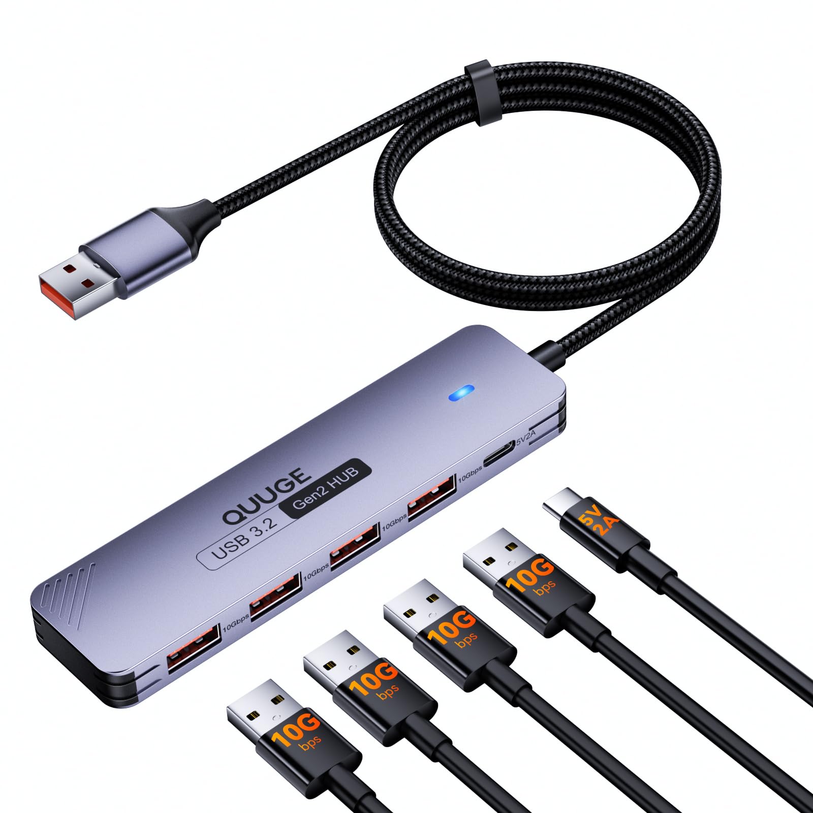 QUUGE USB3.2 Gen2 ハブ 10Gbps 高速データ転送 4×USB-A 10GとUSB-C給電ポート スリム設計 120CM USB増設 4口 横挿す USB3.2 ハブ セルフパワー/バスパワー両用 軽量 Macbook/iMac/mini PC/Surface Pro/PS4/PS5用 USB HUB テレワーク/リモート/ゲーム/在宅勤務に最適（充電や映像出力不可)