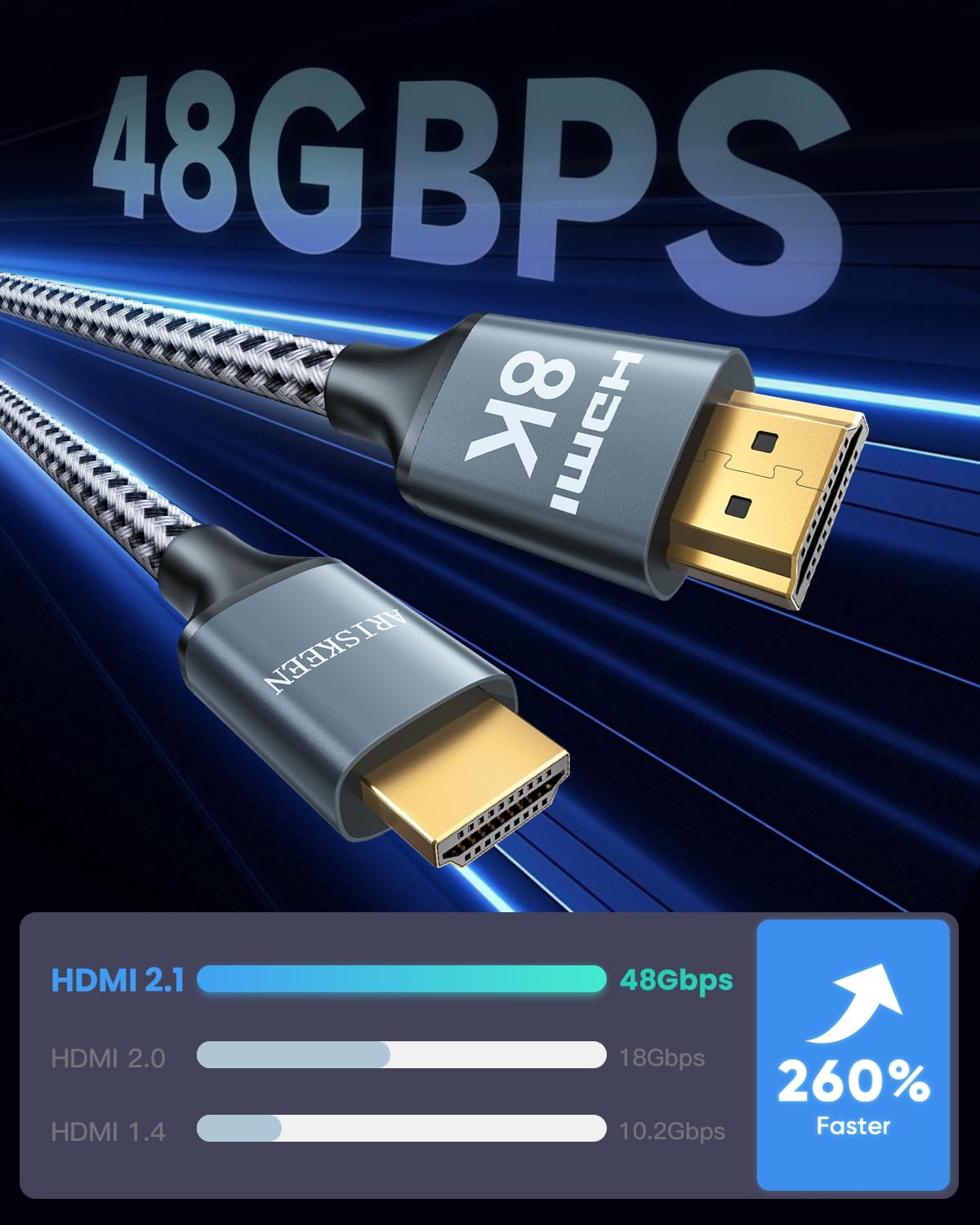 ARISKEEN Cavo HDMI 8K 10,2 m, cavo HDMI 2.1 ad alta velocità 48 Gbps, 8K 60Hz, 4K 120Hz 144Hz, supporto per HDR 10, HDCP 2.2 2.3, eARC, DTS:X, cavo HDMI intrecciato compatibile con