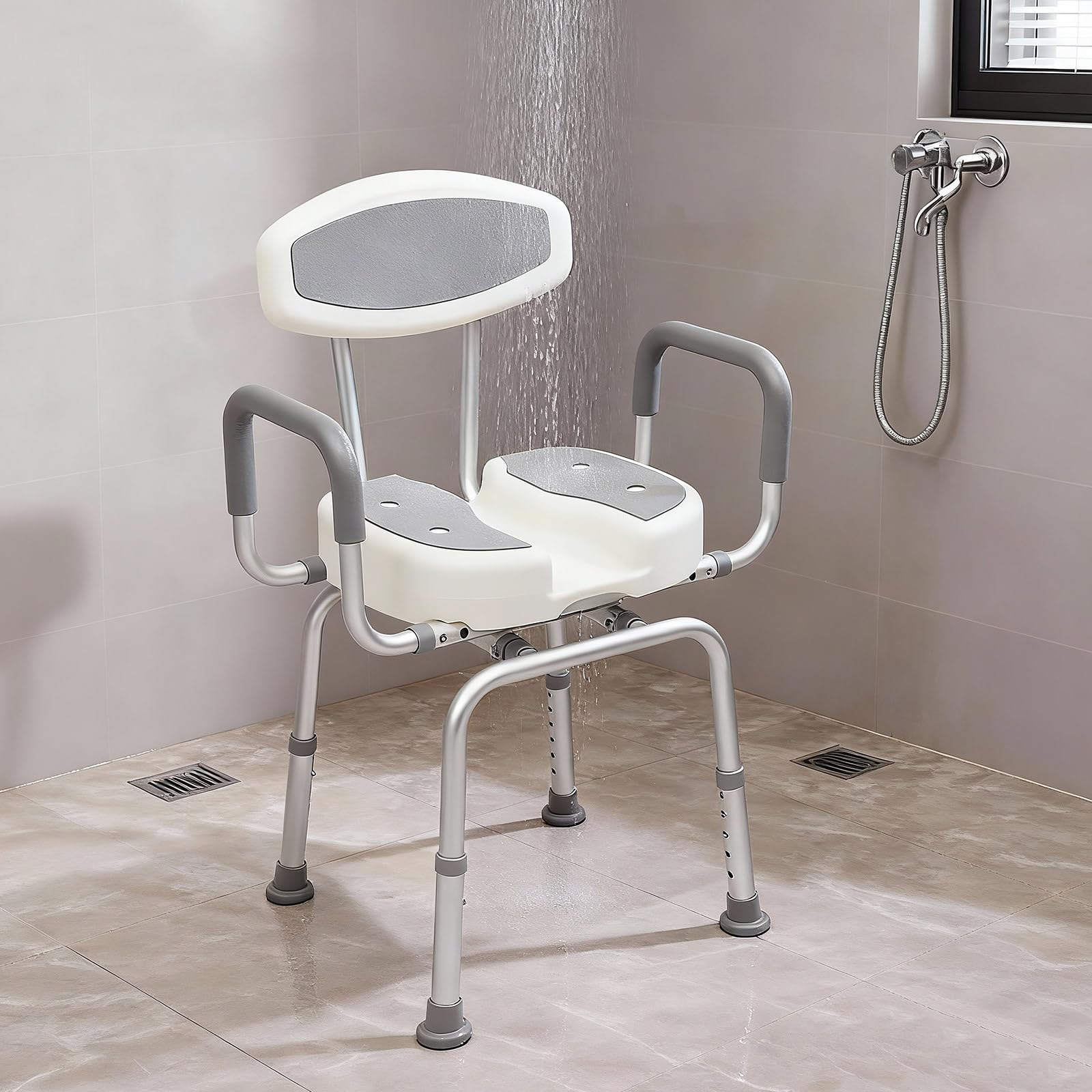 Taburete de ducha, 79 – 89,5 cm, asiento de ducha, asiento de ducha, silla de ducha regulable en altura con respaldo, asiento de ducha giratorio en casas, hospitales, residencias de ancianos