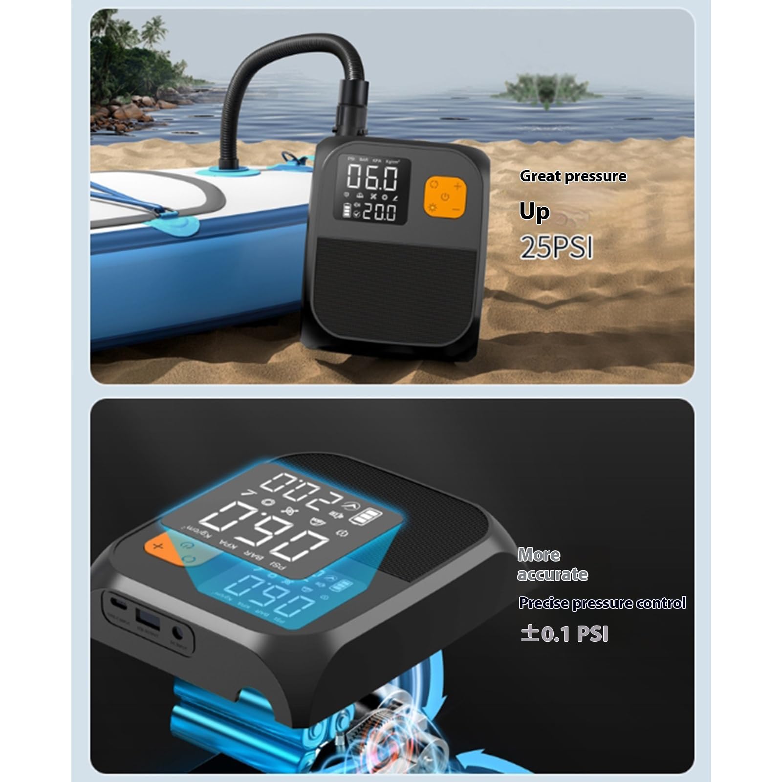 Electric Pump, Paddle Board Pump, Air Compressor, 25PSI High-Pressure Inflation, Rechargeable 8000mAh Battery, Ideal for Outdoor Inflatable Use, 9x6 Inches, Black Color, 1 Piece