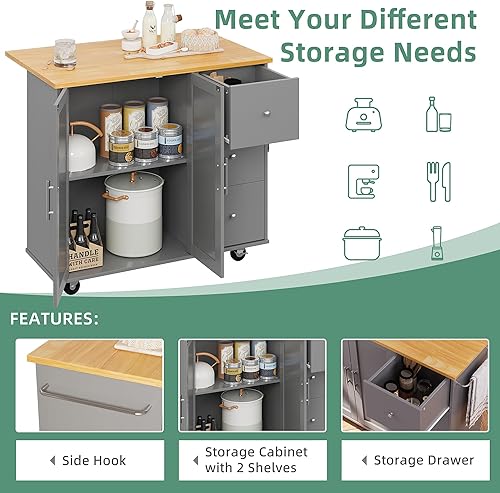Miniatura 6 de Shintenchi Carrito de isla de cocina con barra de desayuno plegable de hoja caída, isla portátil con armario de almacenamiento grande, estante y