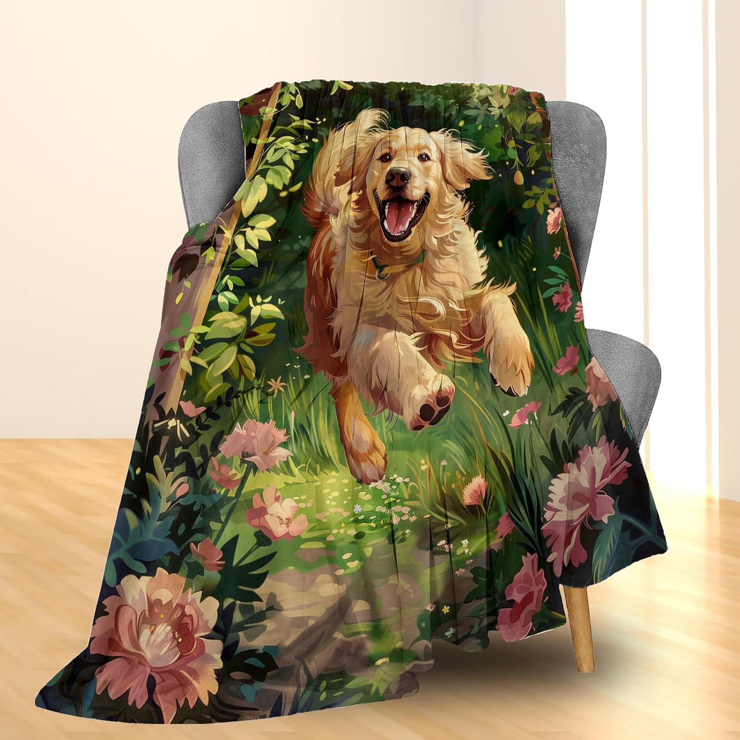 Cute Golden Retriever Dog Blanket, Soft Flannel Animal Throw Blanket for Couch, Bed, Travel & Home Decor, Cozy Lightweight Warm Fluffy Fuzzy Blankets for Adults Kids 60×50 in