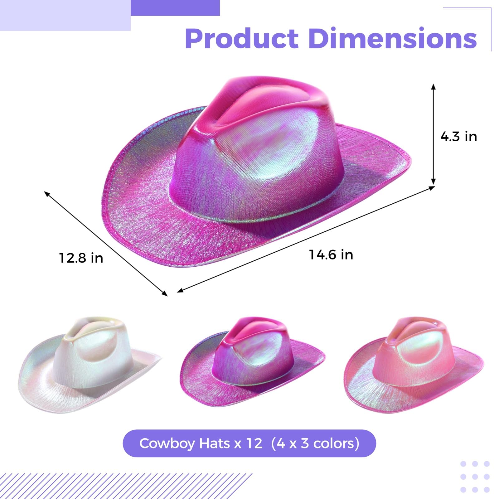 12 sombreros de vaquero para mujer, ala ancha fluorescente con luz degradado de neón, acabado brillante perla con cuerda ajustable, accesorio de disfraz para fiestas y eventos