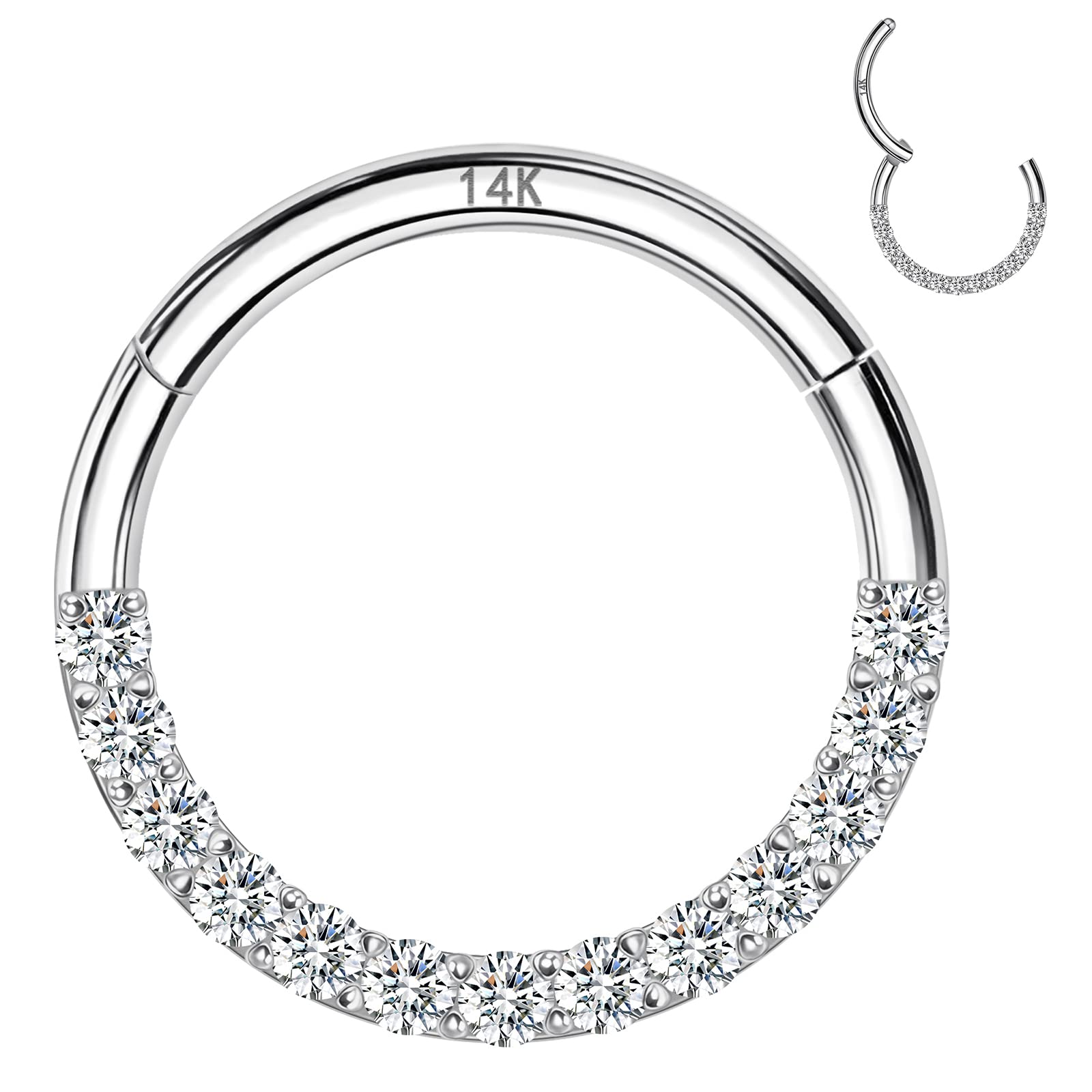 ALACLO 14k Yellow/White Gold Nose Rings 16G for Women & Men, 6mm 8mm 10mm Hinged Segment Cartilage Earring Hoop, Septum Rings, Helix, Rook, Tragus,