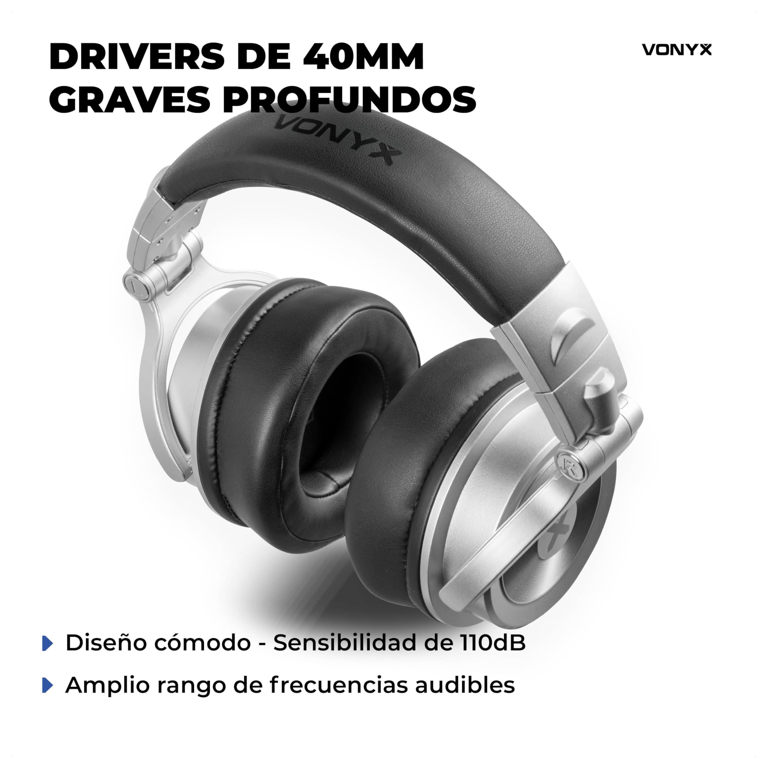 Vonyx HDX200SL – Auriculares DJ Premium con Drivers 50 mm, Jack 3,5 y 6,3 mm, Cable Reversible, diseño Plegable y Bolsa Transporte para música y Estudio Profesional, Color Aluminio