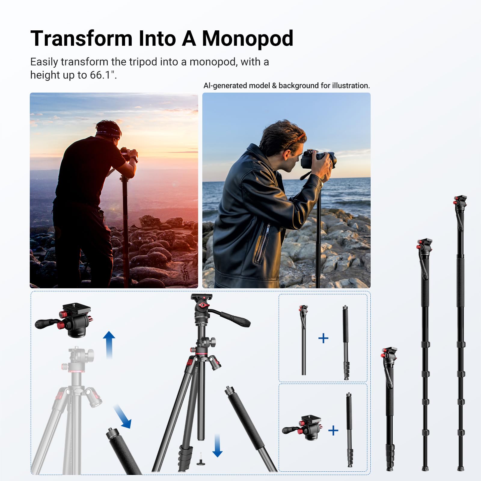 NEEWER BASICS Statyw do kamery górnej, monopod z głowicą płynu i poziomą kolumną środkową, wysokość 75,4 cala, metalowy stojak podróżny DSLR, płyta QR typu Arca i odwracalne nogi, maksymalne