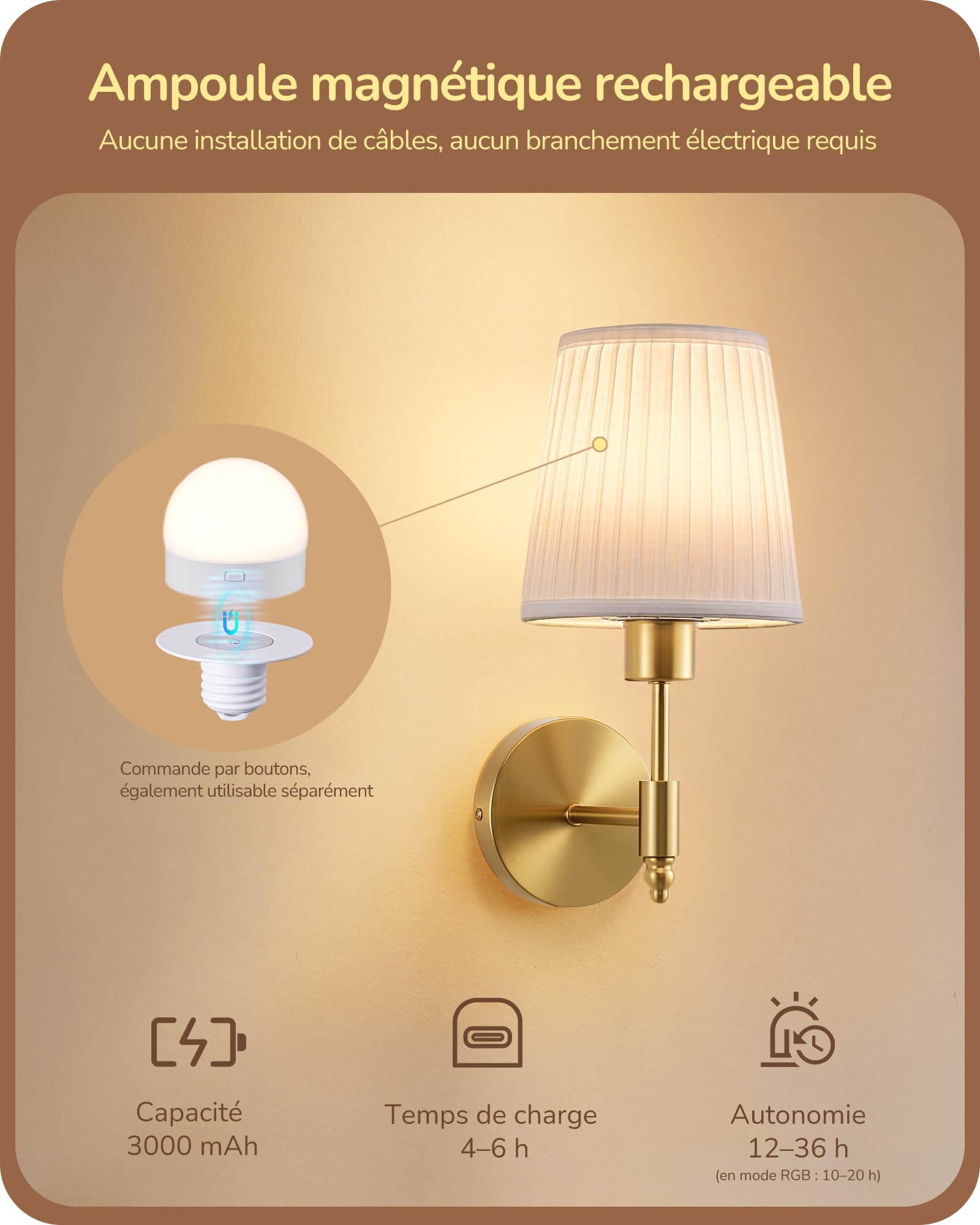 EDISHINE Applique Murale Rechargeable avec Télécommande, 12 RGB, Dorée
