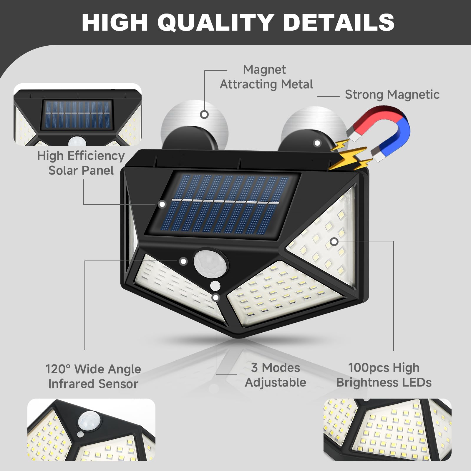 Lot de 2 lampes solaires magnétiques pour camping-car avec détecteur de mouvement – Lumineux 100 DEL – Éclairage extérieur étanche pour camping-car, remorque, camping-car, extérieur – Facile à