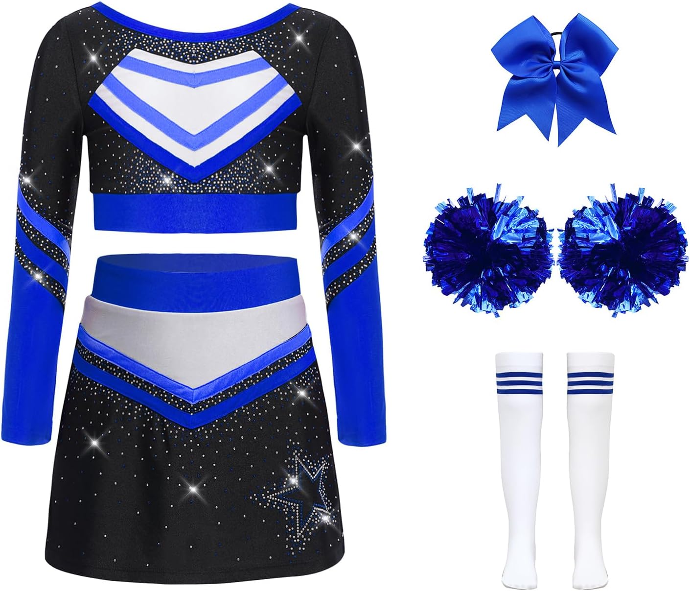 Loyan Girls Cheer Leader Uniform Cheerleading Costume Competition Party Outfit Top with Skirt Headwear Socks Pom-pom Blue 12 Years
