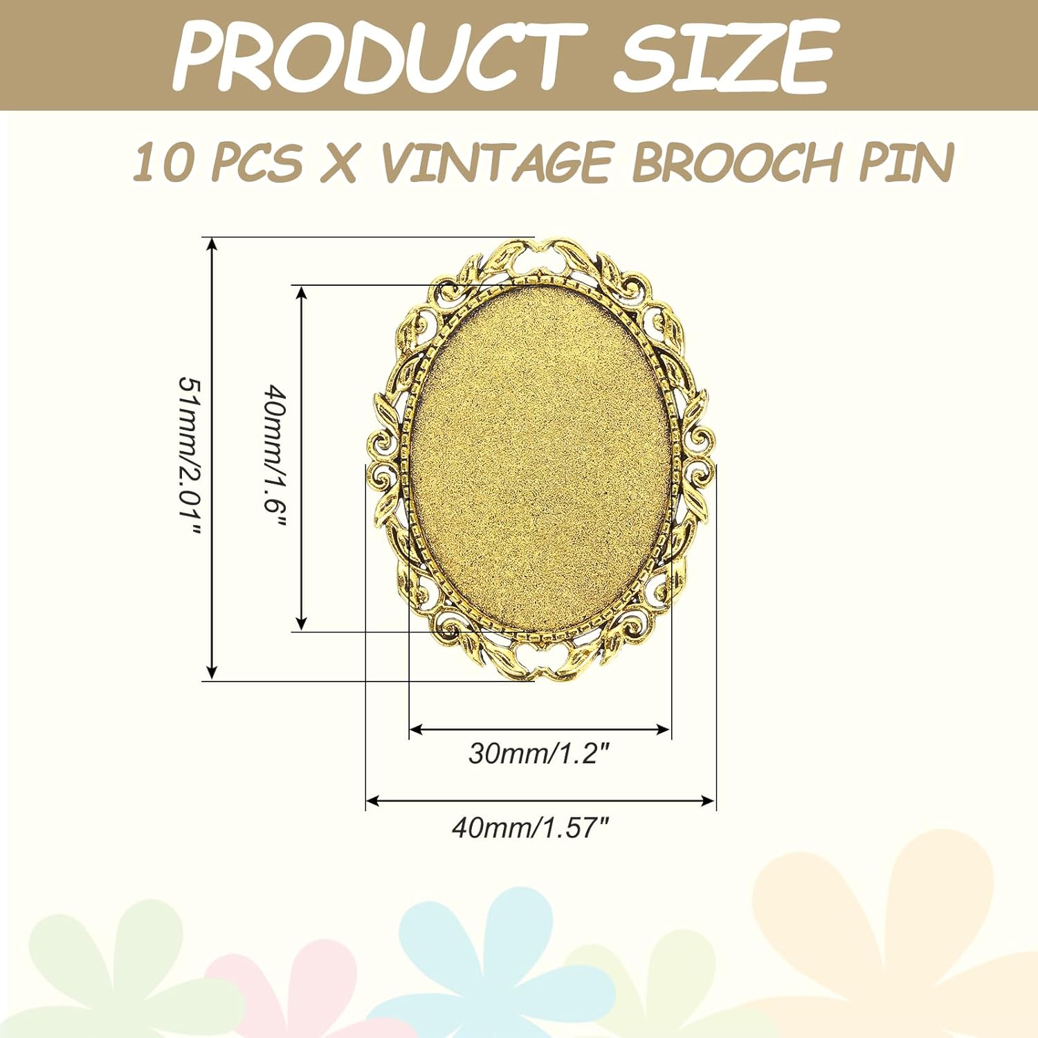 MECCANIXITY 10 Pcs Cabochon Brooch, 40x30mm Alloy Findings Trays Oval Pins, Vintage Setting Brooch Pins for DIY Jewelry Making Pendants Photo Craft, Vintage Style, Golden - Image 2