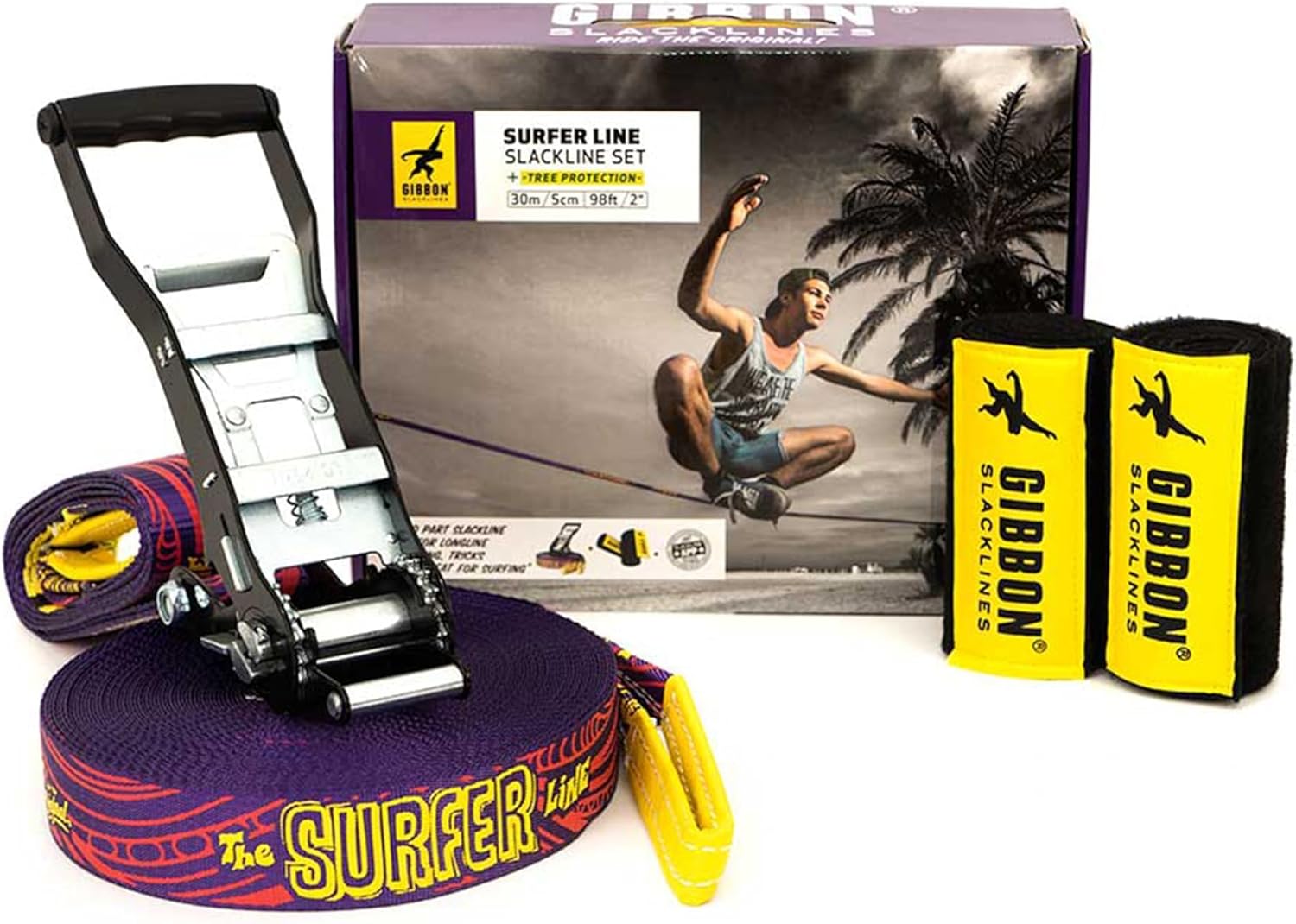 GIBBON SurferLine Slackline with TreeWear - Waterline & Trickline 98ft Slack Line - 90ft x 2” Line & 8ft Ratchet Strap with Reinforced Loop