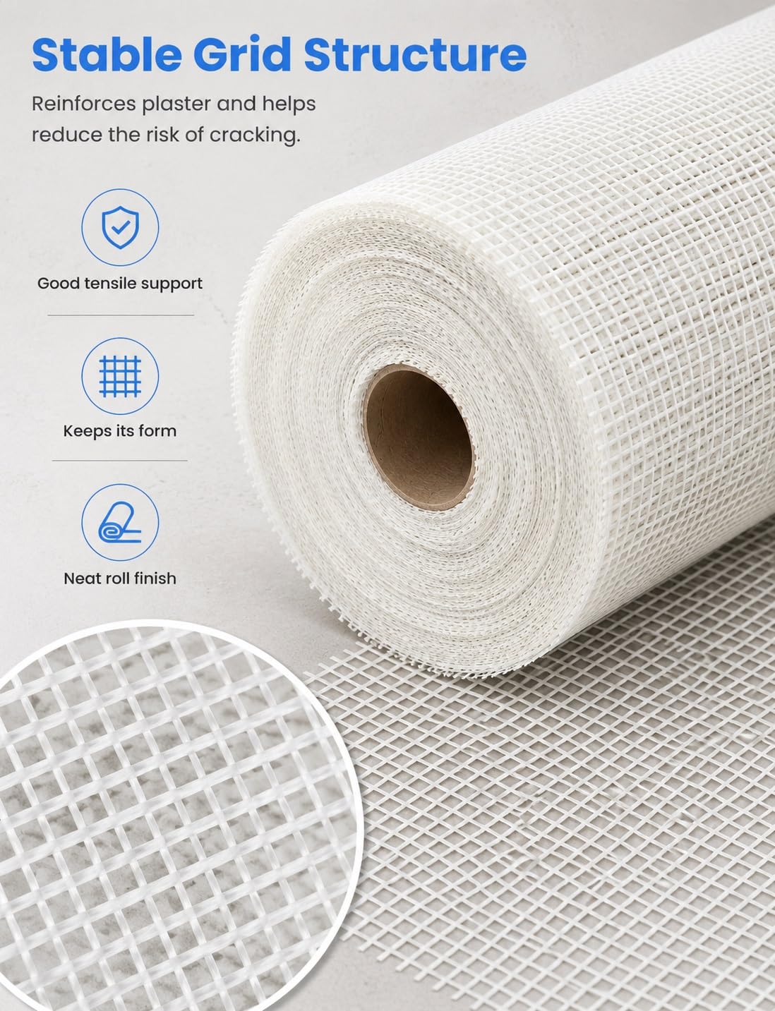 Rotolo in fibra di vetro, rete per intonaco e rinforzo pareti, tessuto per rasatura muri, nastro cartongesso, riparazione crepe, stucco e lavori edili(4 mm/1x50 meters)