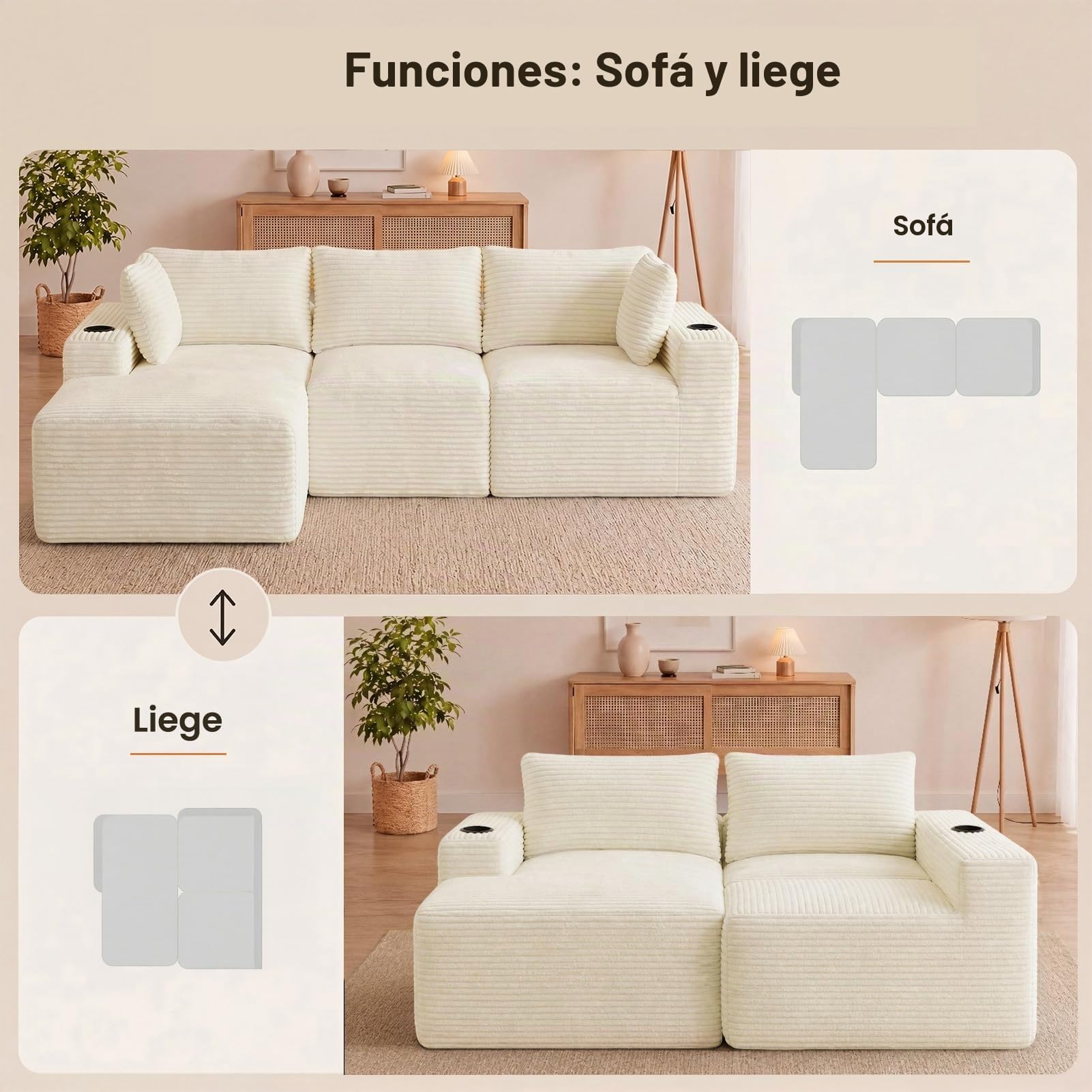 HAUSPROFI Sofá esquinero con función de Dormir (Beige Largo)