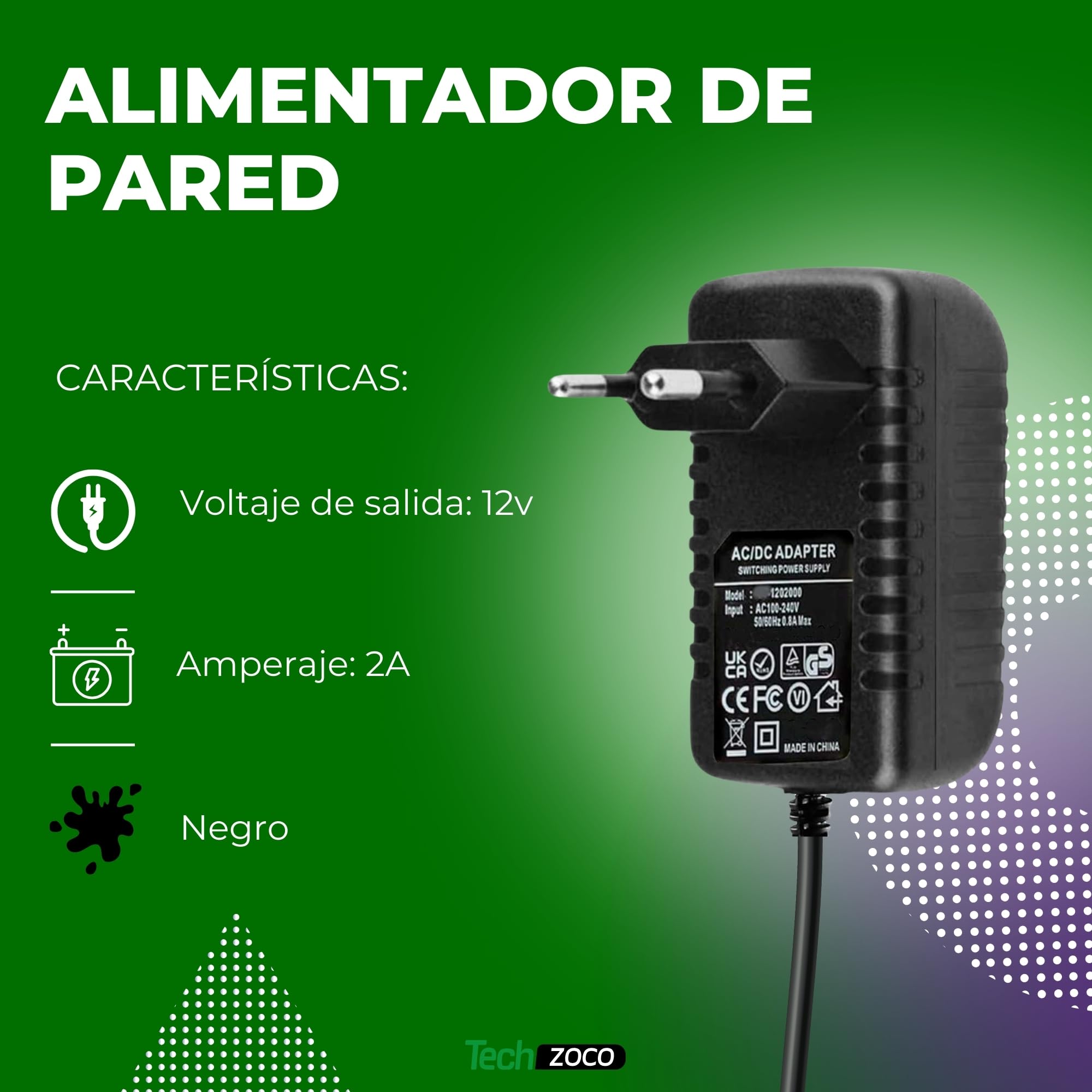 Alimentador 12V 2A, Adaptador de Corriente, Fuente de alimentación 12V, Alimentador de Pared 12V 2A, Cargador 12V 2a, Adaptador Alimentación, Conector DC 5.5 x 2.1 mm, Negro - imagen 2