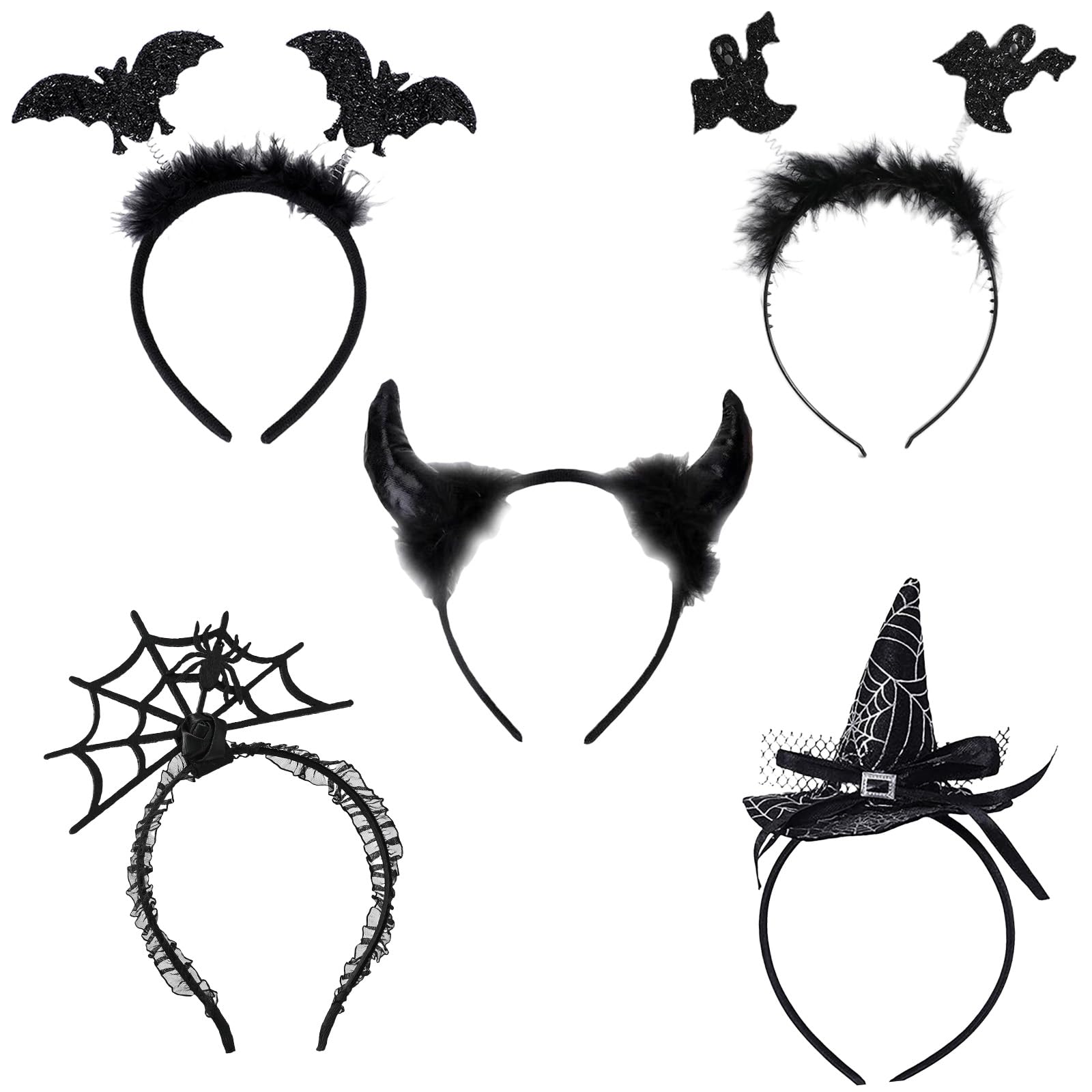 GWAWG 5Pcs Halloween Headbands Spider Web Witch's Hat Bat Devil Horns Ghost Headwear Accessories for Adult Kid Halloween Party Favors