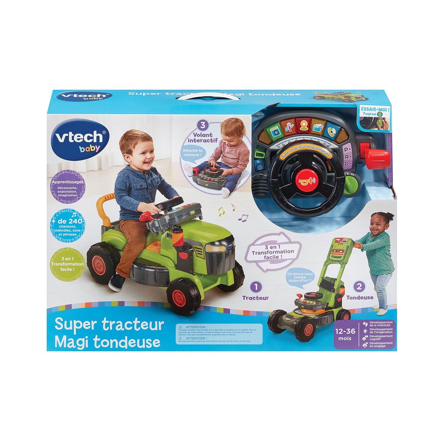 VTech - Super Traktor Magi Rasenmäher grün – Rutschauto Baby 3 in 1 – Traktor Rasenmäher Kinder – Skalierbares Spiel – Spielzeug zur Erziehung und Motorik für Kinder – Geschenk für Babys ab 1 Jahr