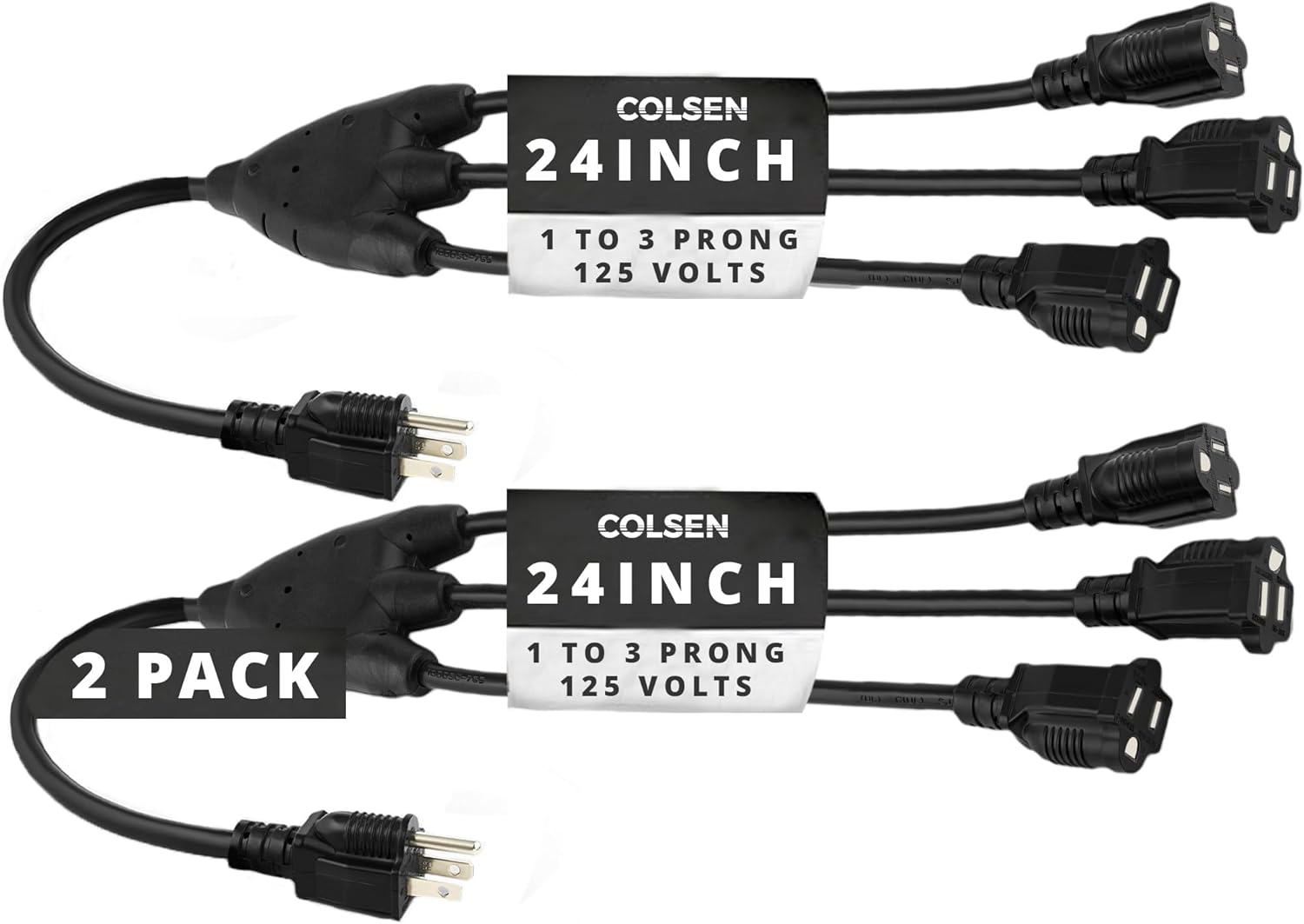 COLSEN Power Splitter – Outdoor Extension Cord Black 3 Way Plug 24 Inch, Three Prong Outside Outlet Split, Multi Electrical Short Drop Pigtail, Exterior Light Electric Cable Extender (2pack)
