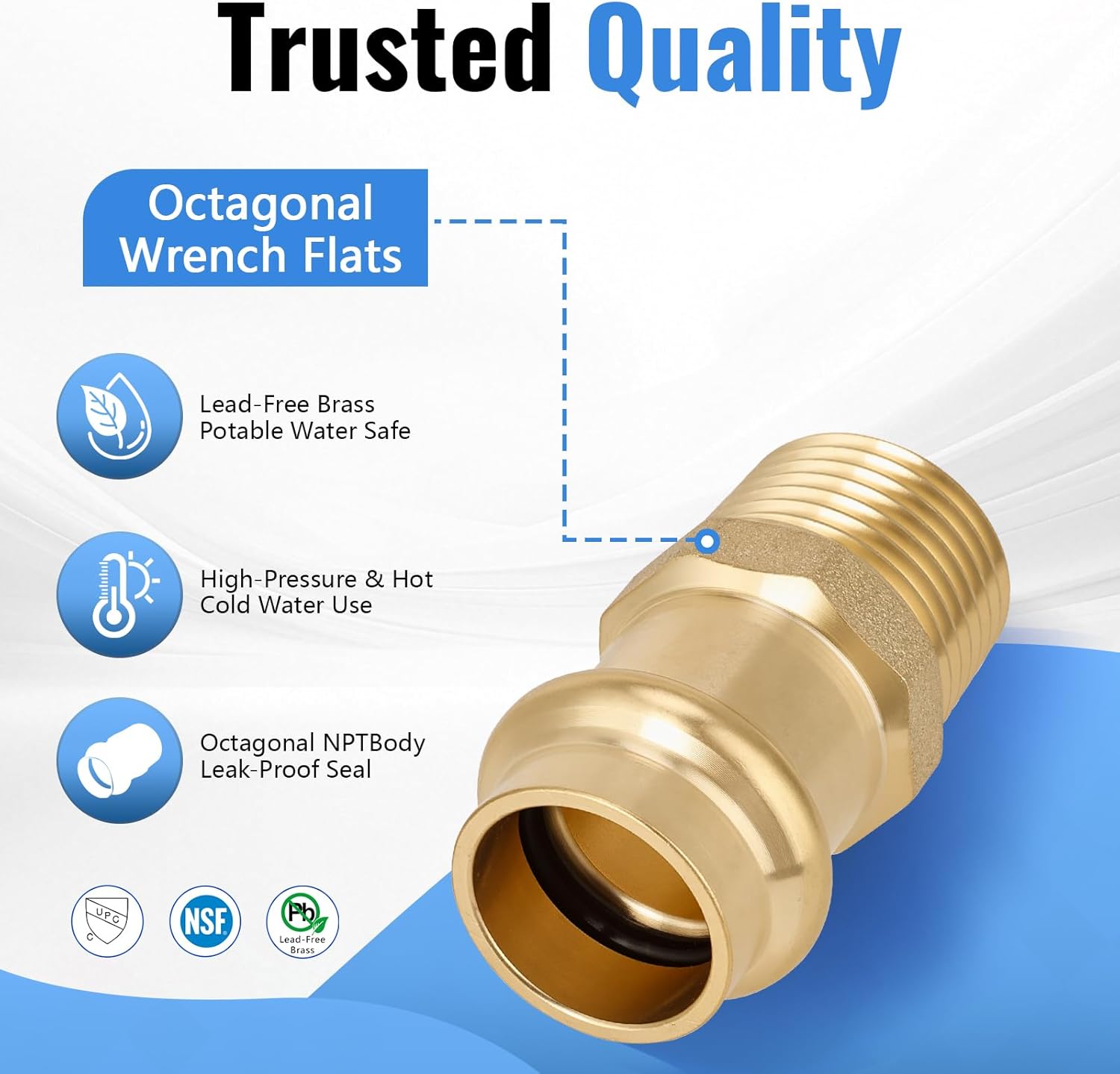 (10-Pack YVSKM) Press Fittings 1/2" Press × 1/2" Male NPT Adapter, Lead-Free Brass, for Copper Press to Threaded Plumbing Connections