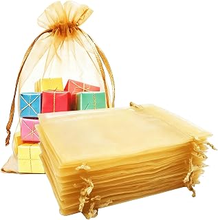 Ponmsva Pack of 50 Gold Organza Bags 4x6 Inch Gift Wrap Bags for Wedding | Sheer Drawstring Mesh Pouch for Jewelry, Candy, Party Favors, Birthday, Bridal Shower, Christmas, Anniversary,Baby Shower