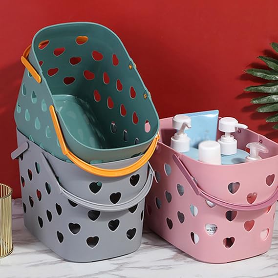 Plastic Storage Basket with Handles Hollow Shower Basket with Holes Bathroom Organizer Toiletry Bag Basket Grey