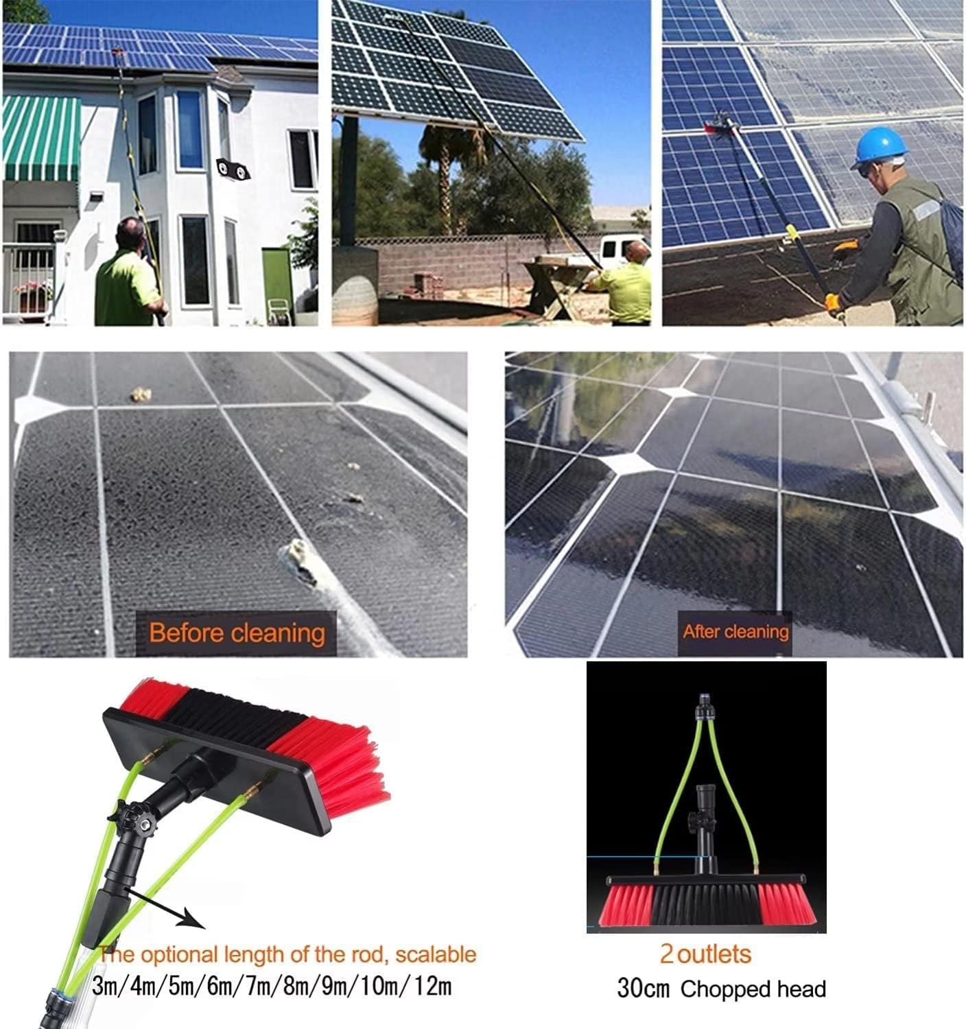 Kit de barra telescópica de limpieza de ventanas de 6 m, barra extensible de 6 m con cepillo de alimentación de agua de 30 cm, ideal para paneles solares, invernaderos y ventanas altas, equipo de