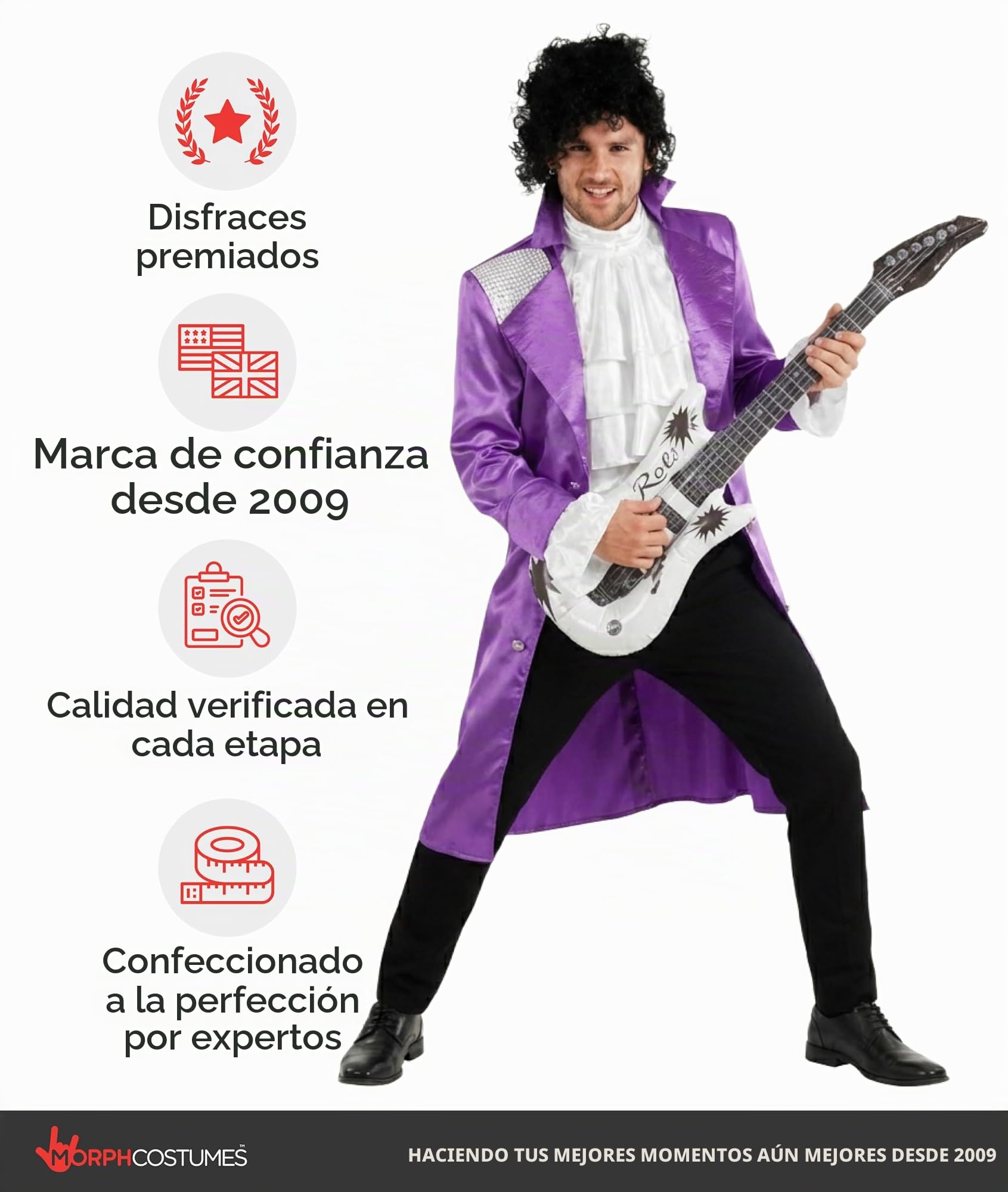 Morph Disfraz Estrella Pop Morado, Traje Músico Años 80 Hombre, Cosplay, Disfraz Carnaval y Halloween