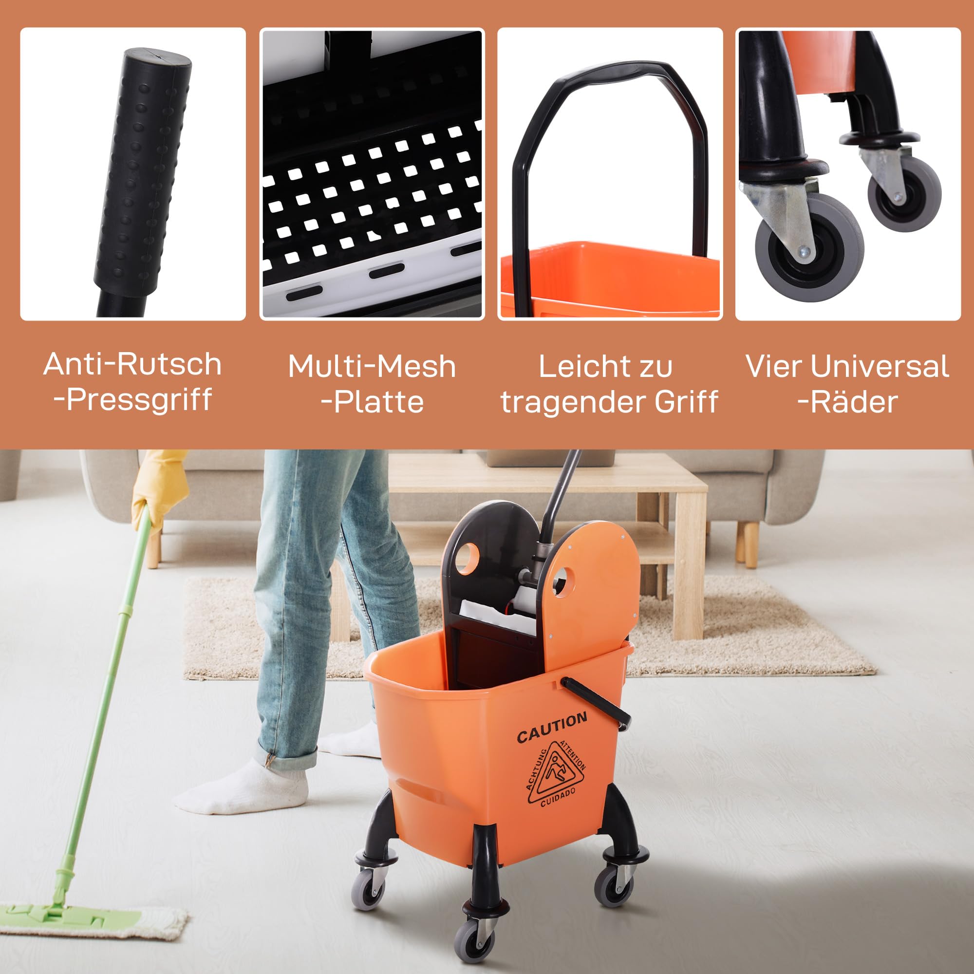 HOMCOM Professioneller Reinigungswagen 26L Abnehmbare Wringer mit Rädern 44×36×90cm Orange