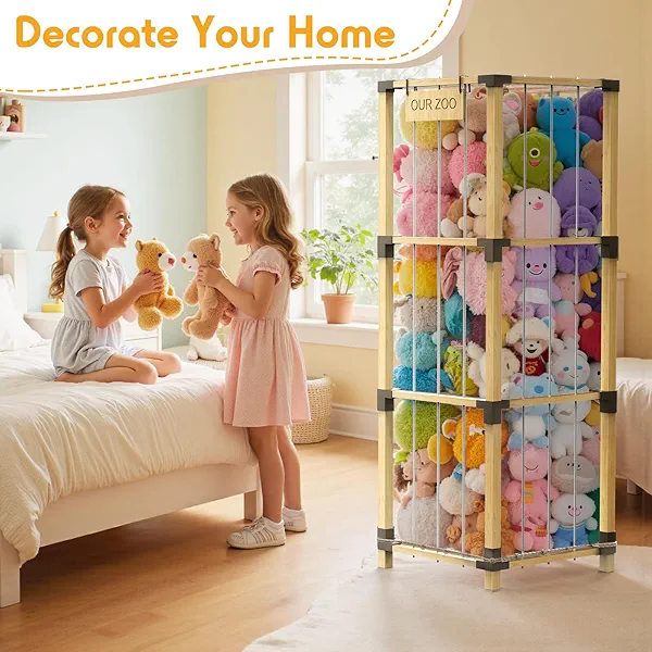 Keeswin 200L Stuffed Animal Zoo Storage, 3-Tier Extra Large Stuffed Animal Holder, Solid Bamboo Plushies Storage Tower with Mesh Pocket and Elastic Cords, Space Saver for Nursery Playroom Bedroom