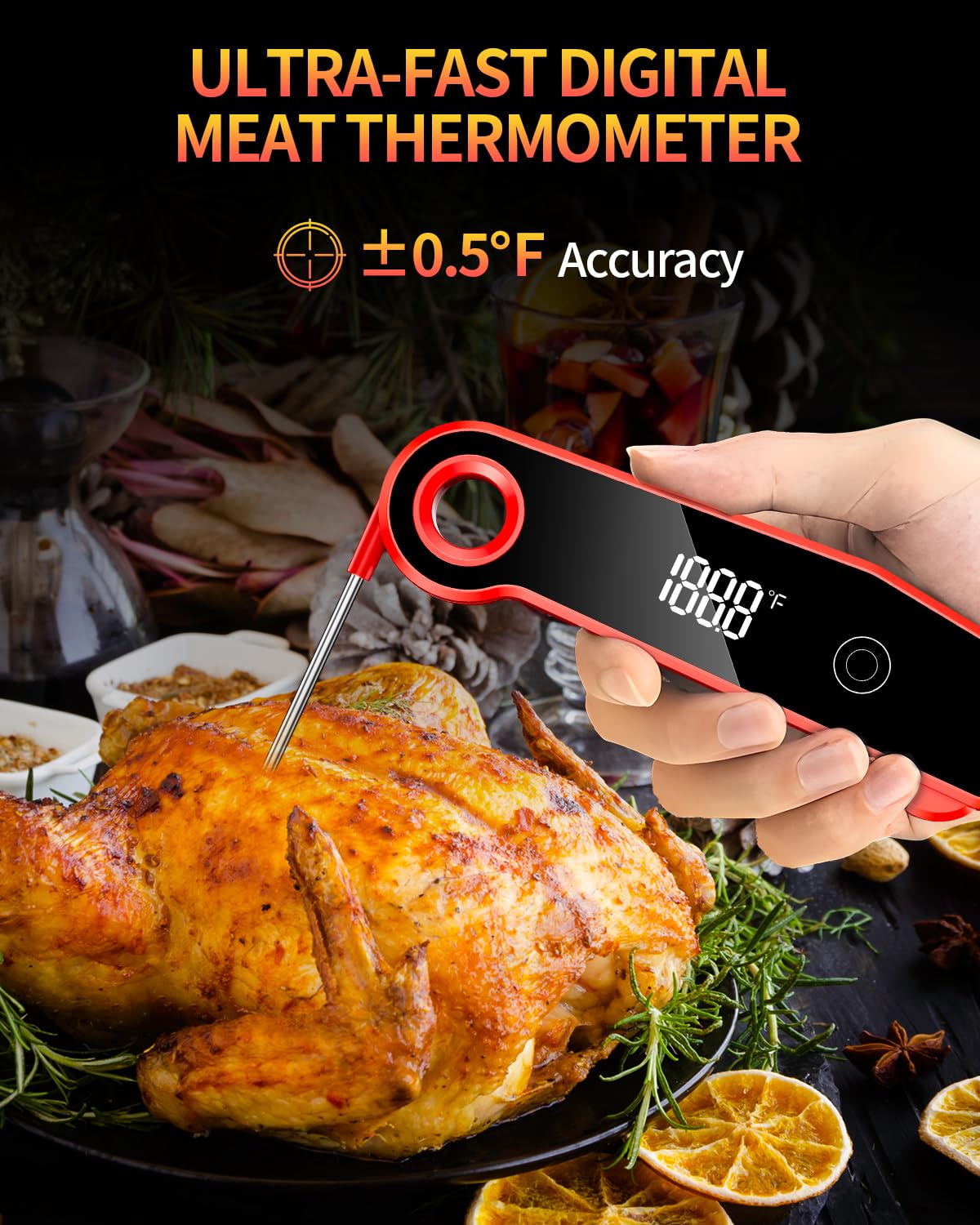 2025 Upgrade Meat Thermometer Digital for Cooking, 0.5s Instant Read Food Thermometer, ±0.5 ? Accuracy Kitchen Thermometer, Large LED Display, IP67 Waterproof for Grill, BBQ, Oven, Brewing, Baking