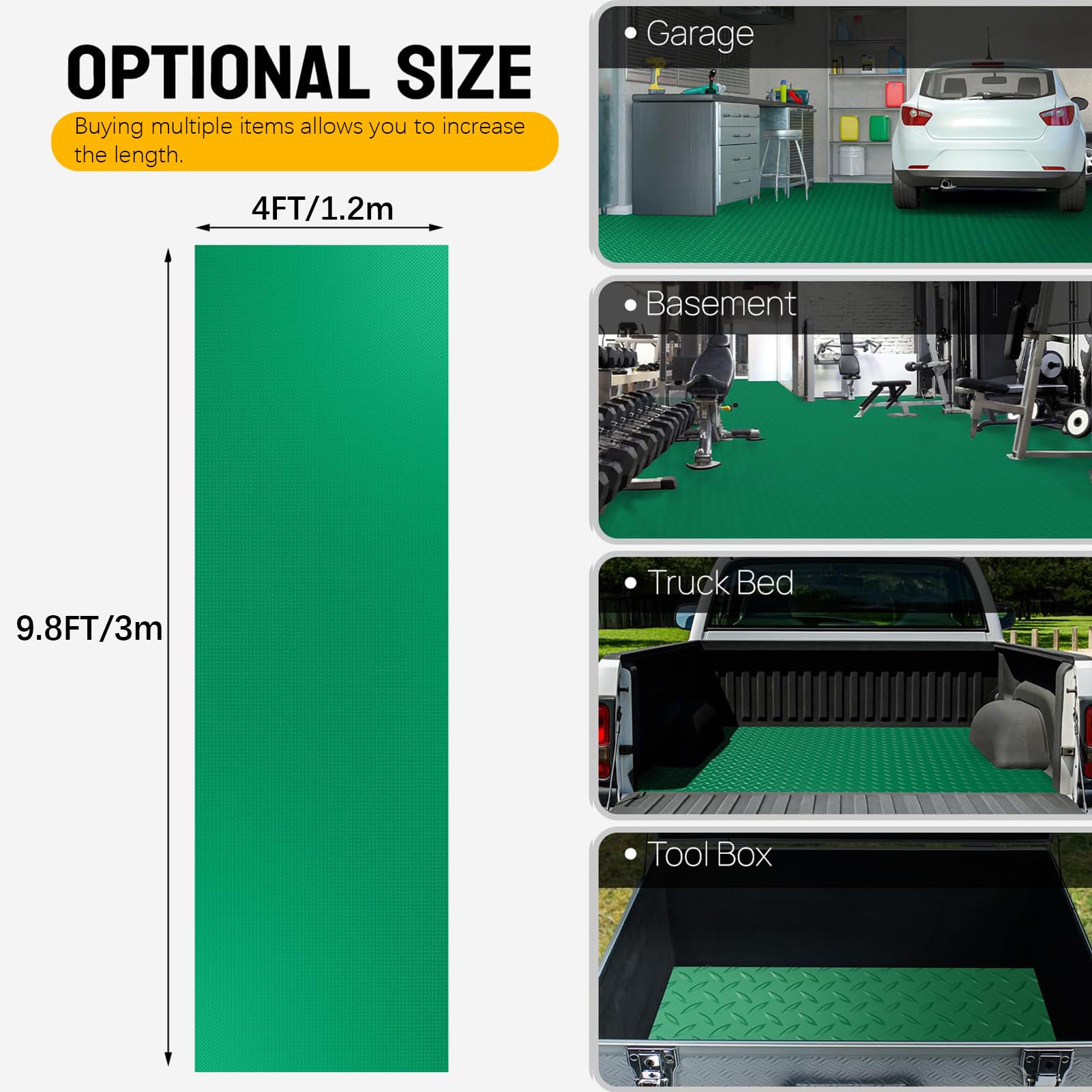 Alfombra Remolque Caucho PVC con Placa Diamante, Rollo Alfombra Impermeable para Garaje 4x9,8 Pies, Almohadillas Piso Antideslizantes 1,5 mm Grosor para Garaje Almacén,Verde