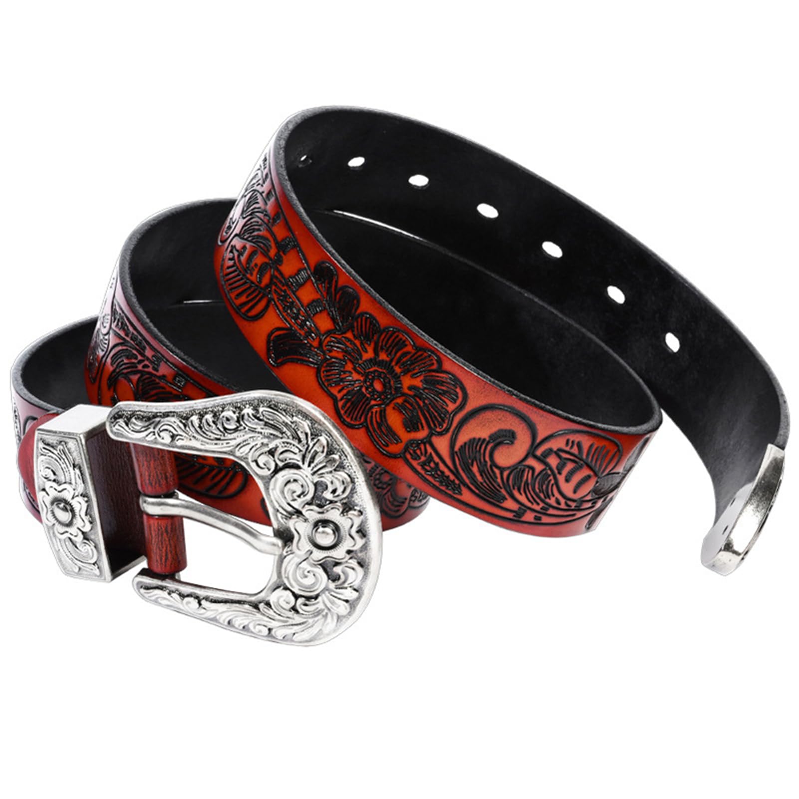 Cintura In Pelle Goffrata Vintage Da Uomo E Donna - Fibbia In Argento Con Incisione Floreale Western, Cinturino In Vita Stile Cowgirl Country