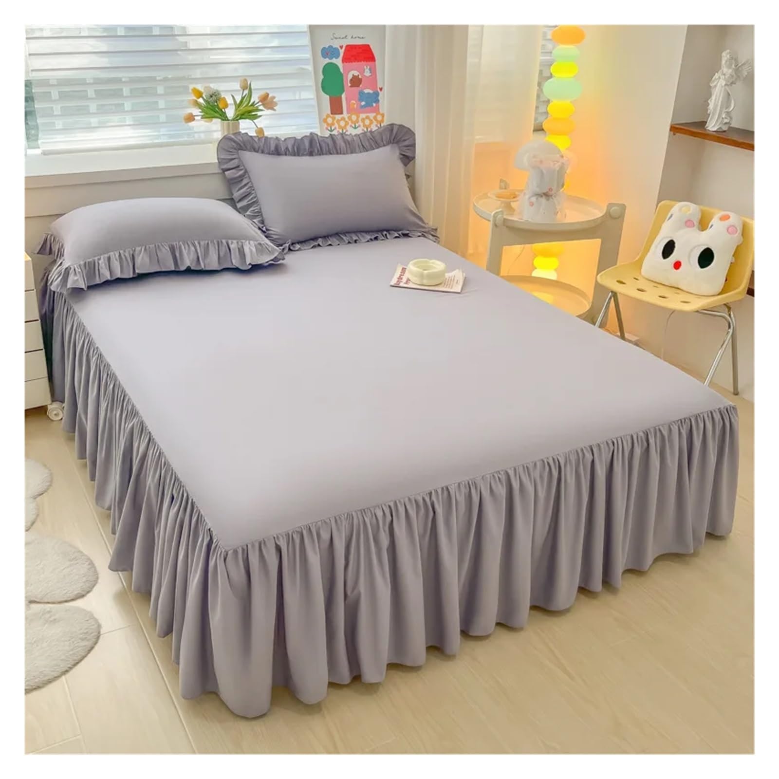 Elegant Princess BedSkirt Non-slip Mattress Cover Ruffled Lace Bedsheet Bed Cover Protector Home Bedspread Bed Skirt(Grey,1 pc skirt 100x200cm)