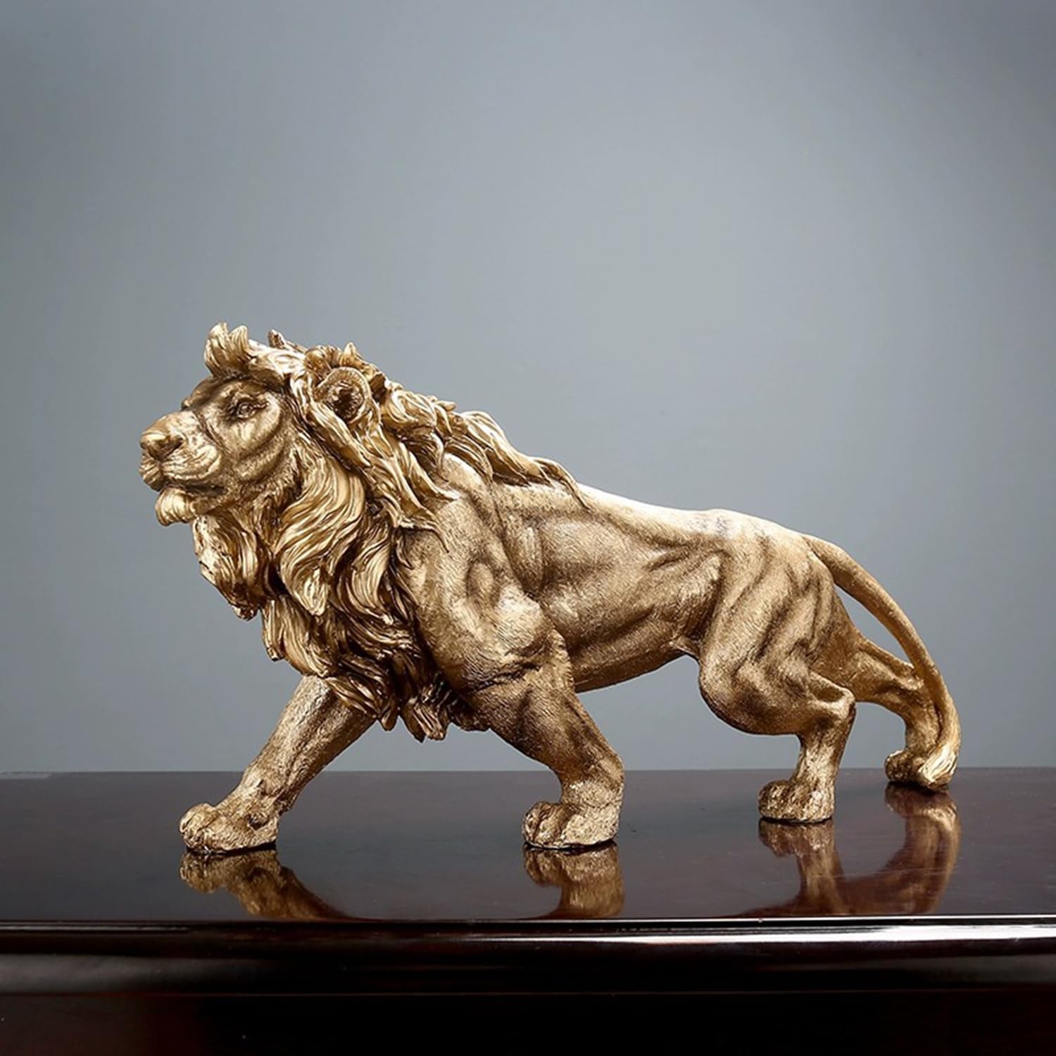 Statua di leone in resina, da collezione, 37 cm, scultura per casa, soggiorno, veranda, scrivania (oro, 37 x 10 x 18 cm)