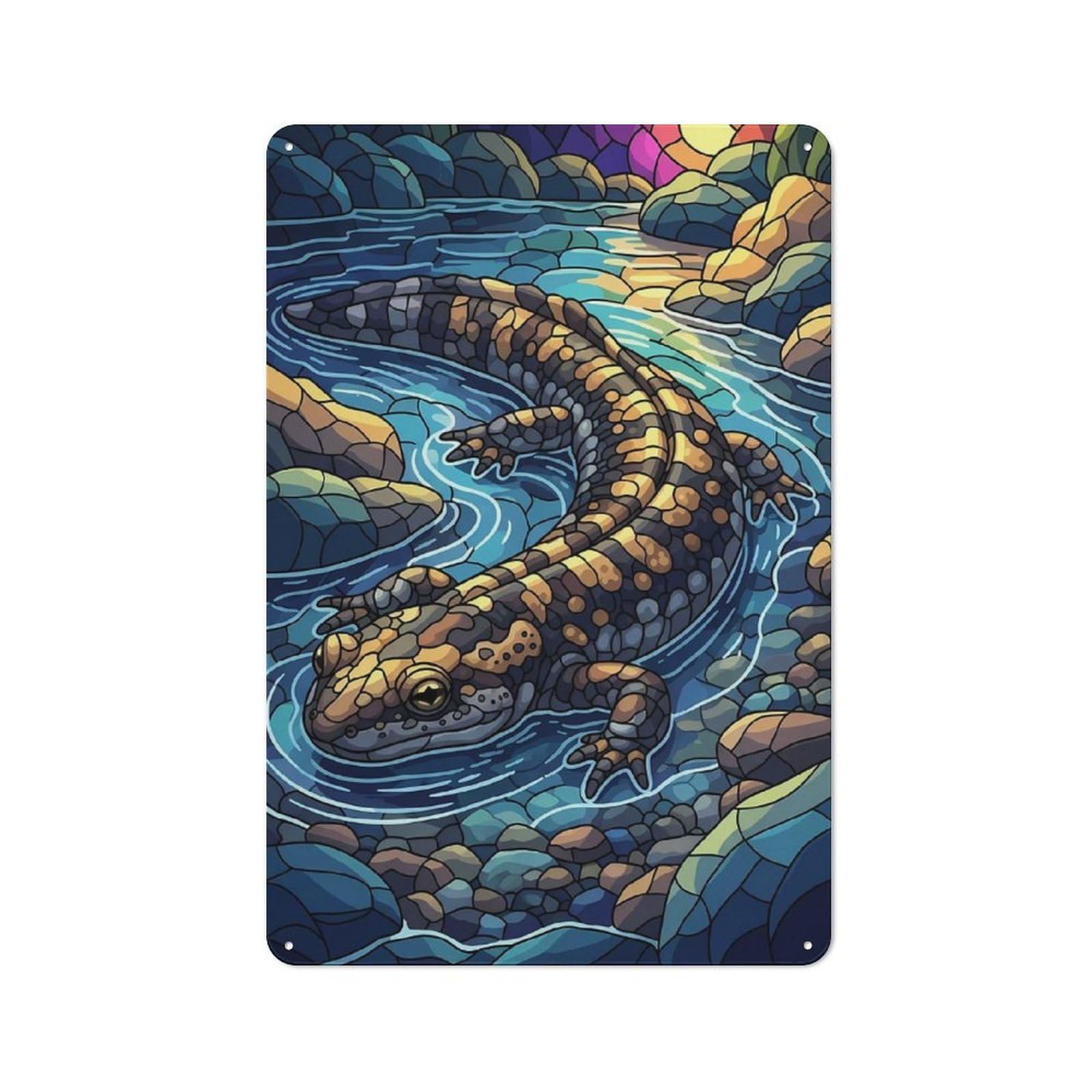 Junmoney Salamander In Stream Stained Glass Style Retro Tin Sign 30X20cm For Workshop Wall, For Home Interiors And Metal Sign Collectors