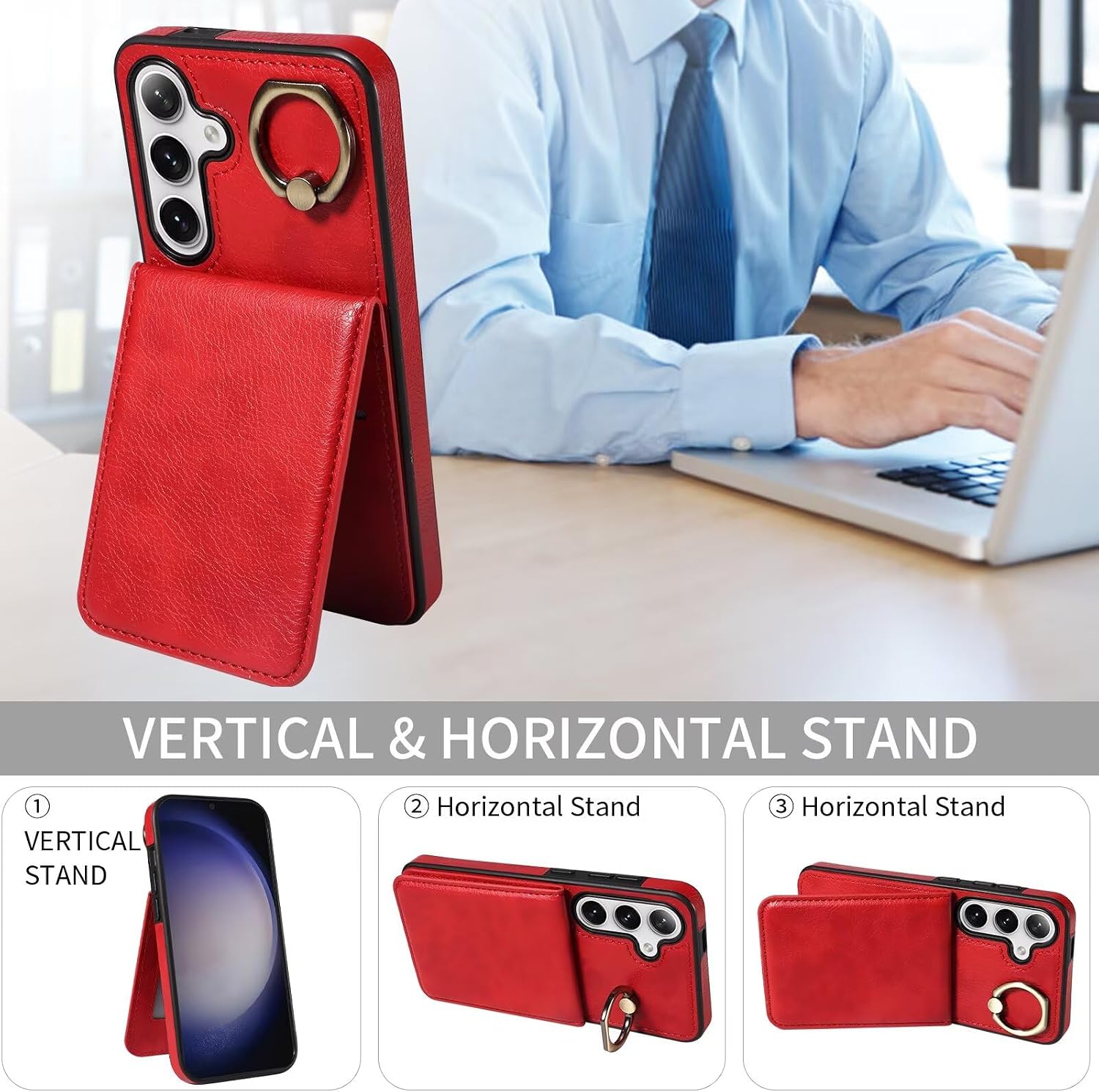 Compatible with Samsung Galaxy S24/S25 Wallet Case with Card Holder, Ejector Pin & SIM Card Storage, 360° Rotation Ring PU Leather Kickstand Card Slots Case Shockproof Protective Phone Cover Red