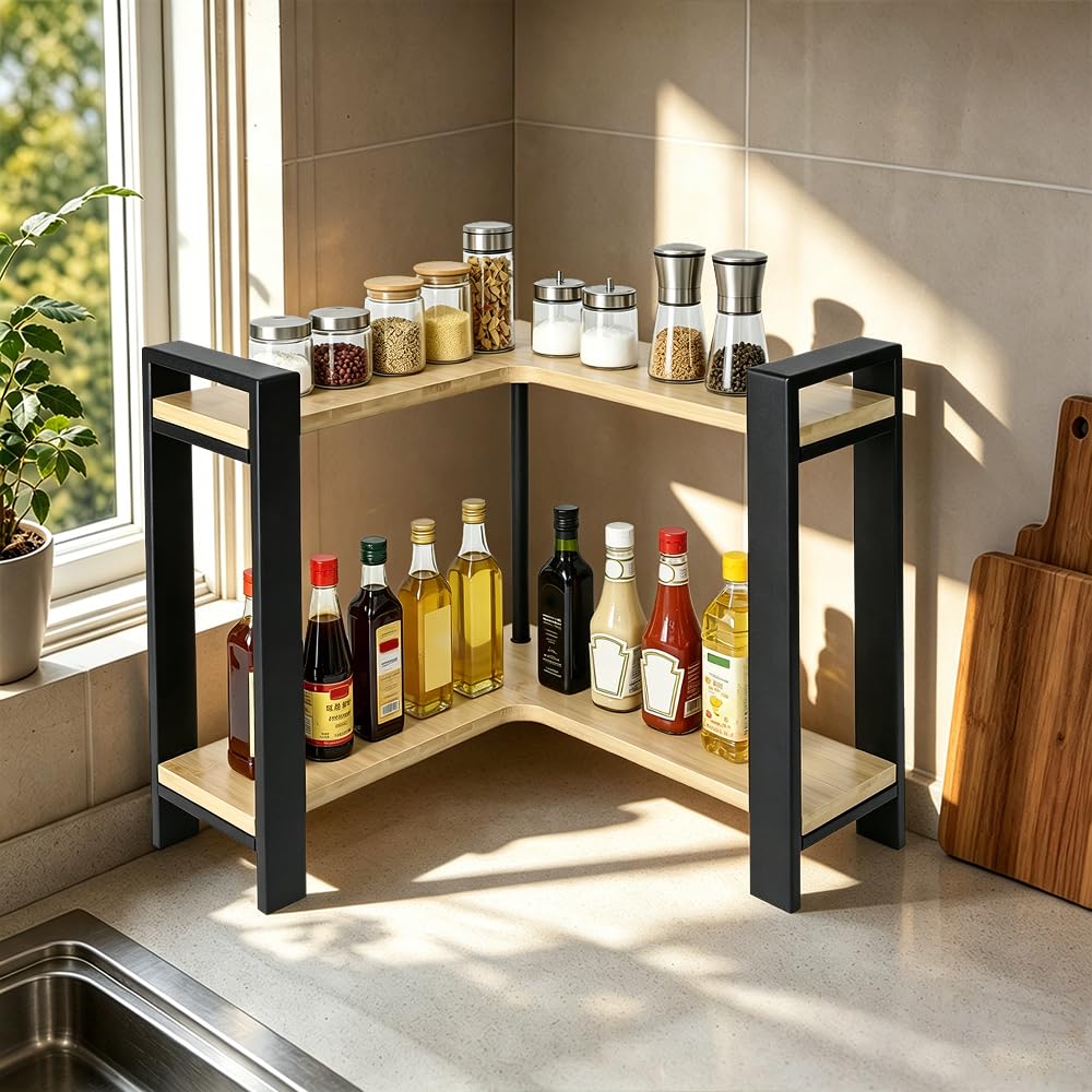Estantería esquinera de cocina, encimera de 2 niveles, en forma de L, organizador para especias y utensilios de cocina, ahorra espacio y estable, 30 x 33 x 30 cm