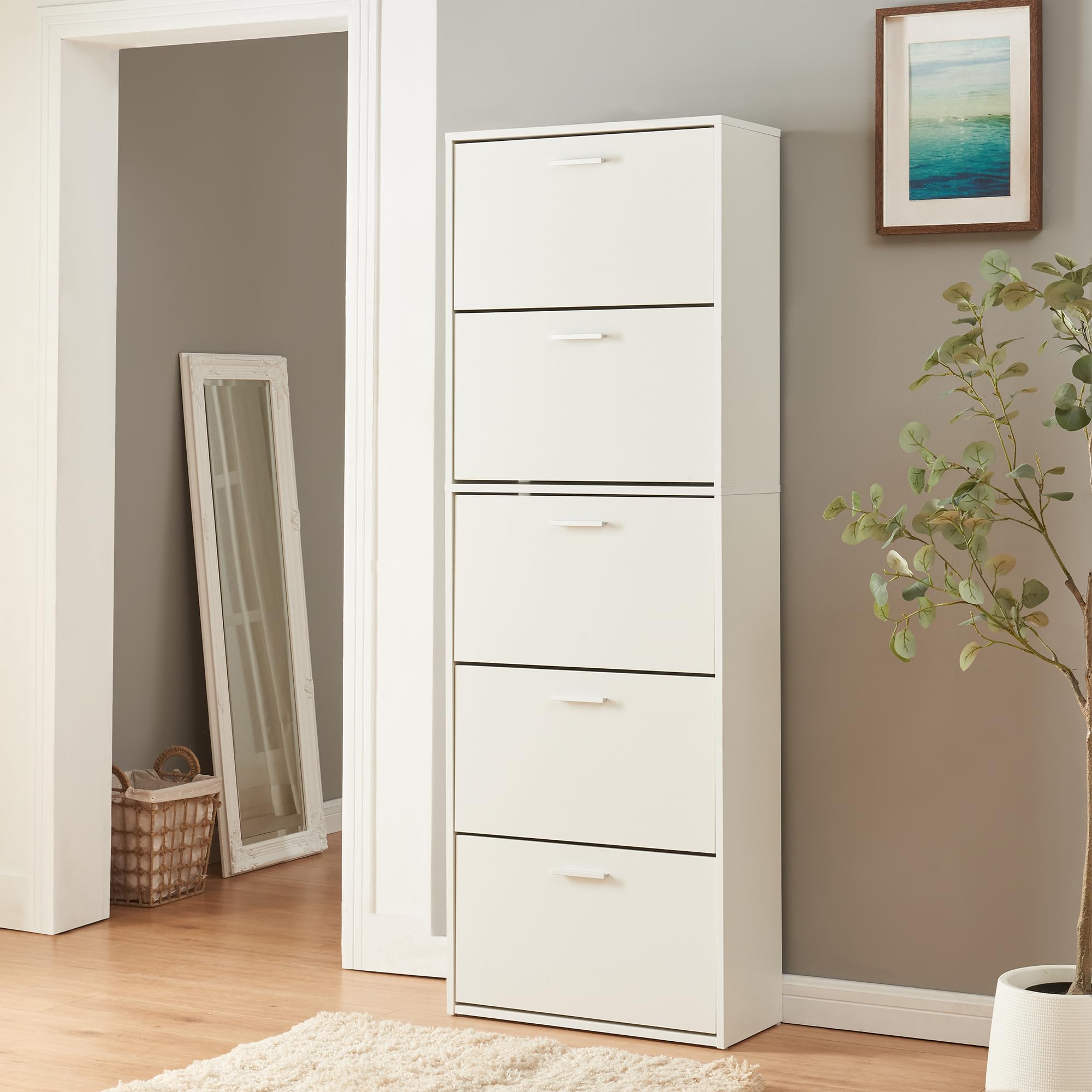 [en.casa] Scarpiera Salvaspazio con 5 Ante a Ribalta Armadio Portascarpe Alto Stretto per Ingresso Corridoio 169 x 60 x 81cm Bianco