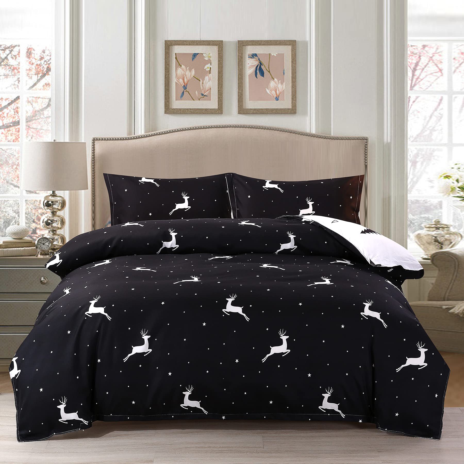 ZIQINPSQ Christmas Duvet Cover Set Christmas Deer Duvet Cover Comforter Cover Bedding Set for New Year Holidy Xmas Gifts (Black