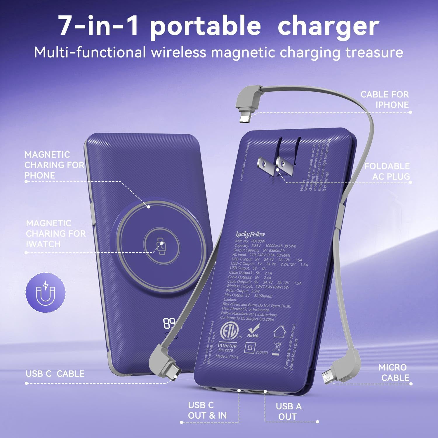 Magnetic 10000mAh Portable Charger for iWatch & iPhone, PD Fast Charging Wireless Power Bank Built-in Cables and Wall Plug, External Travel Battery Pack Compatible with iOS Android Phones