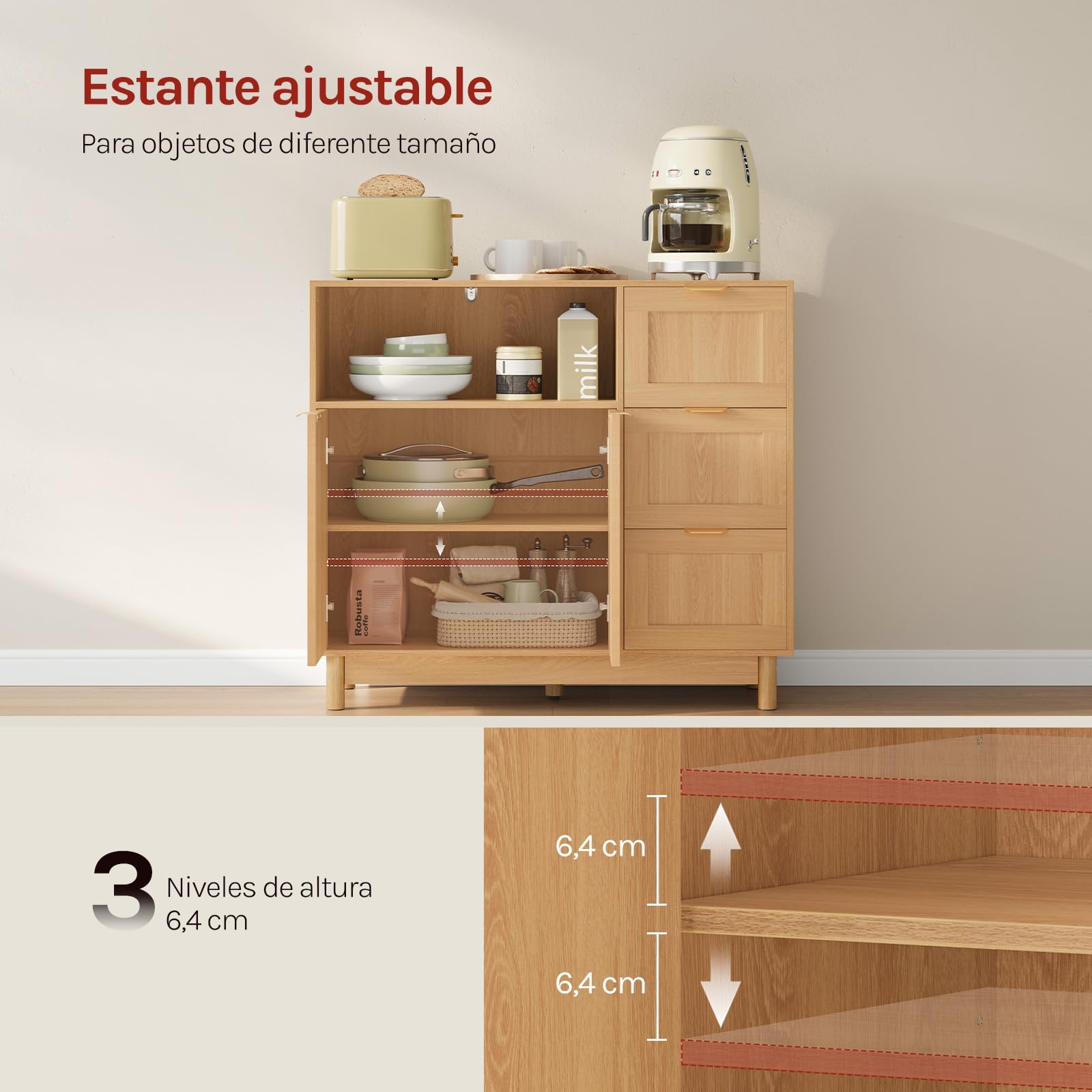 WOLTU Aparador, Mueble Cocina con 3 Cajones, 2 Puertas, Buffet Auxiliar de Cocina con Estante Ajustable, Compartimento Abierto, para Salón, Cocina y Comedor, 90x35x80 cm, Efecto de Madera