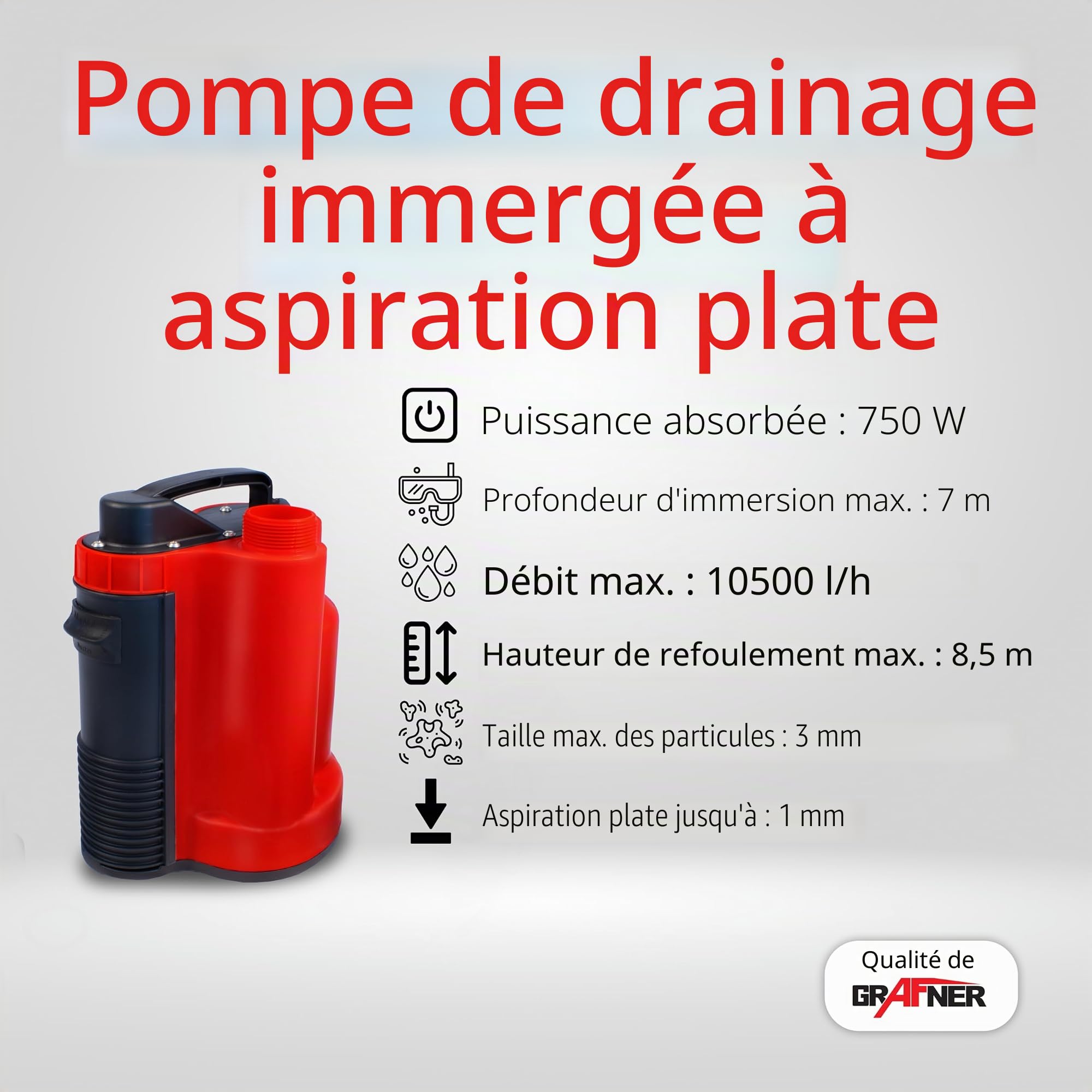 Grafner Pompe de Drainage à Aspiration Plate, Pompe Submersible avec Interrupteur Flottant Intégré et Anti-Retour, 750 W jusqu'à 10500 l/h, Aspiration Plate 1mm, 3mm d'Objets Étrangers, Pompe pour