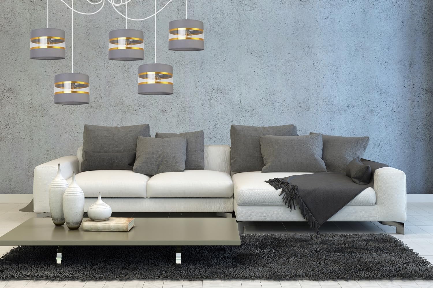 Light-Home Spider Elegance Deckenleuchte Pendelleuchte - Moderner Deckenleuchter für Schlafzimmer Wohnzimmer und Küche im Glamour - E27 mit 5 Lichtpunkten - Lampenschirm Stoff 20cm - Weiß und Grau