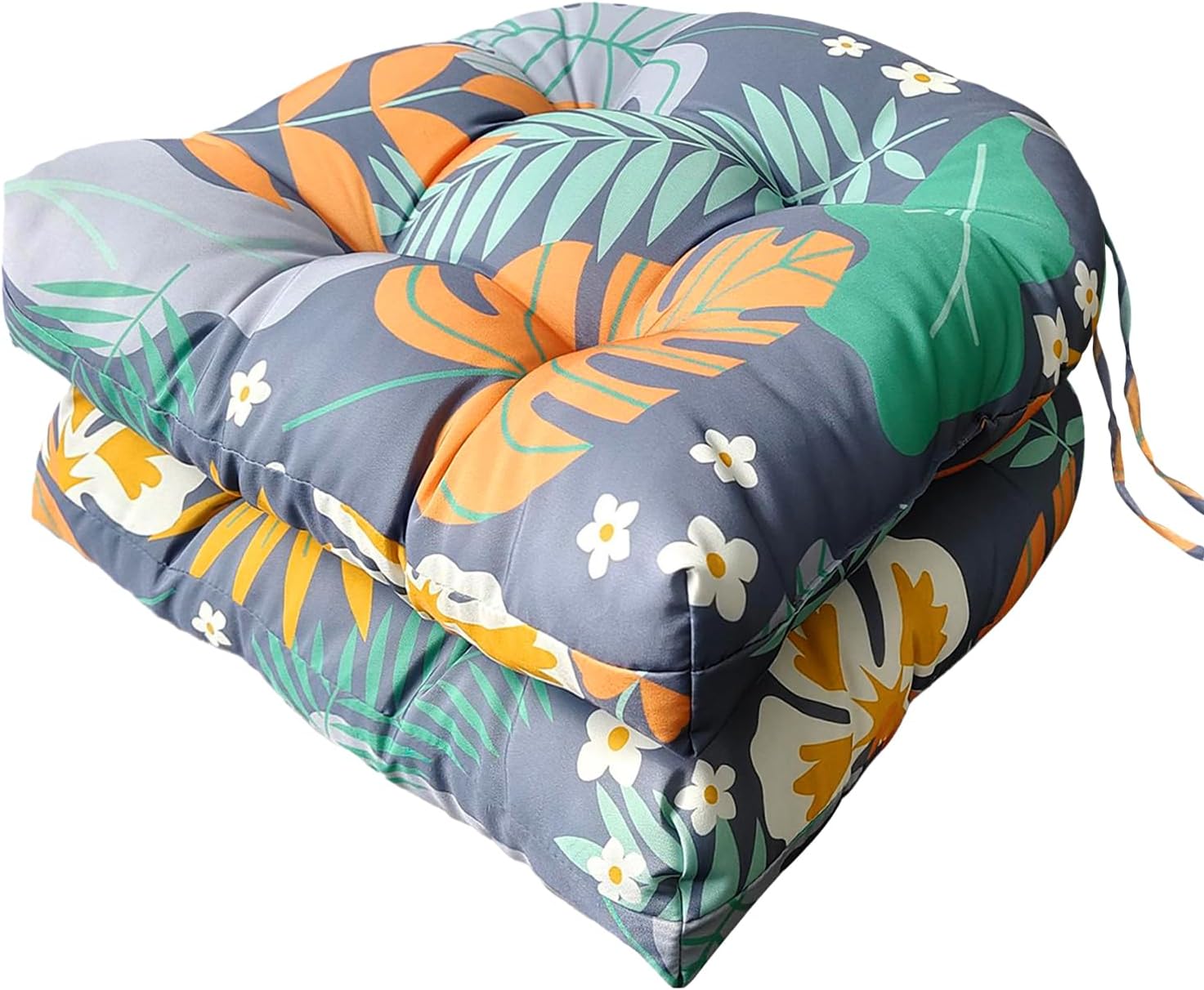 Outdoor Chair Cushions Set, 2 Pcs Seat Cushions with Ties Waterproof Chair Pads, Patio Wicker Tufted Cushions 19"x19"x3.9", Navy