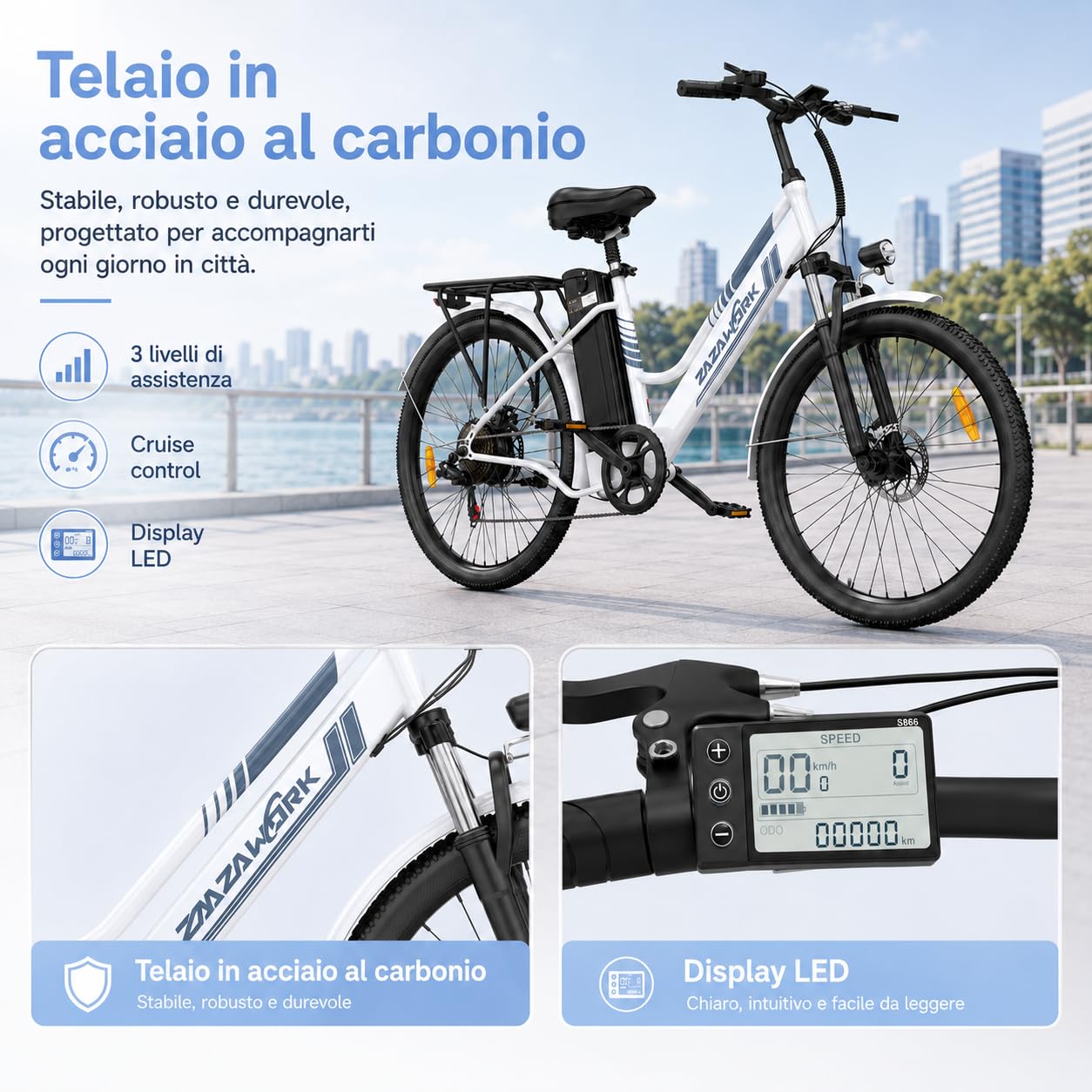 Bici Elettrica Uomo Donna 26 Pollici, E-Bike City con Motore 250W e Batteria 36V 20Ah, Autonomia 120km, Cambio 7 Velocità, Freni a Disco, Bicicletta Elettrica Economica