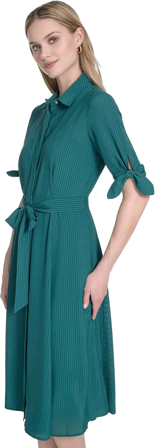 Calvin Klein Womens Short Tie Sleeve Collared Belted Midi Shirtdress - Image 3