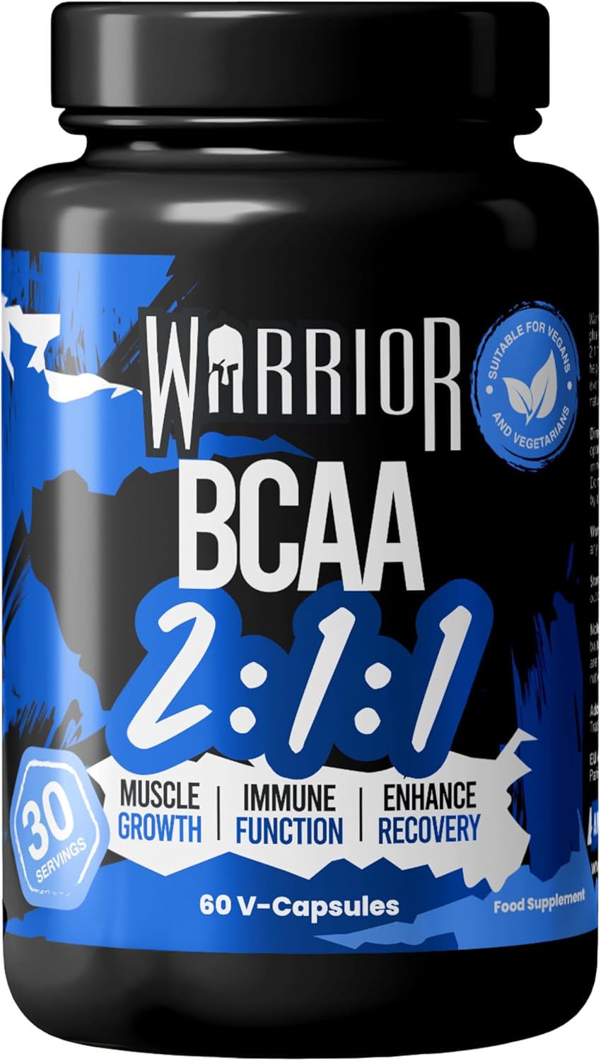 Warrior BCAA Capsules – Branched-Chain Amino Acid Supplements, 2:1:1 Ratio (Leucine, Isoleucine, Valine) – for Pre Workout & Post Workout Muscle Recovery, Gym Supplements for Men & Women – 60 Tablets