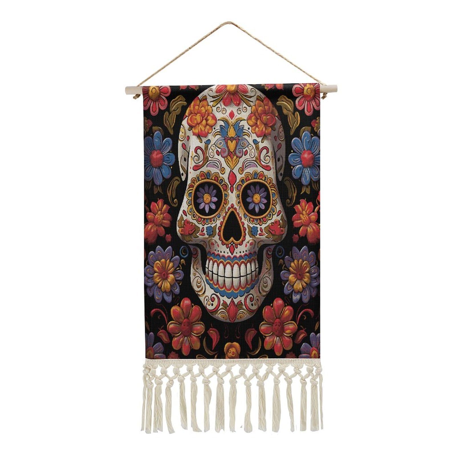 FekiLoot Sugar Skulls Wall Art Print Decor Art Tapestry with Tassel Cotton Linen Hanging Poster Vintage Aesthetic Wall Art Poster Rustic Wall Art Decor for Home Bedroom Living Room Office