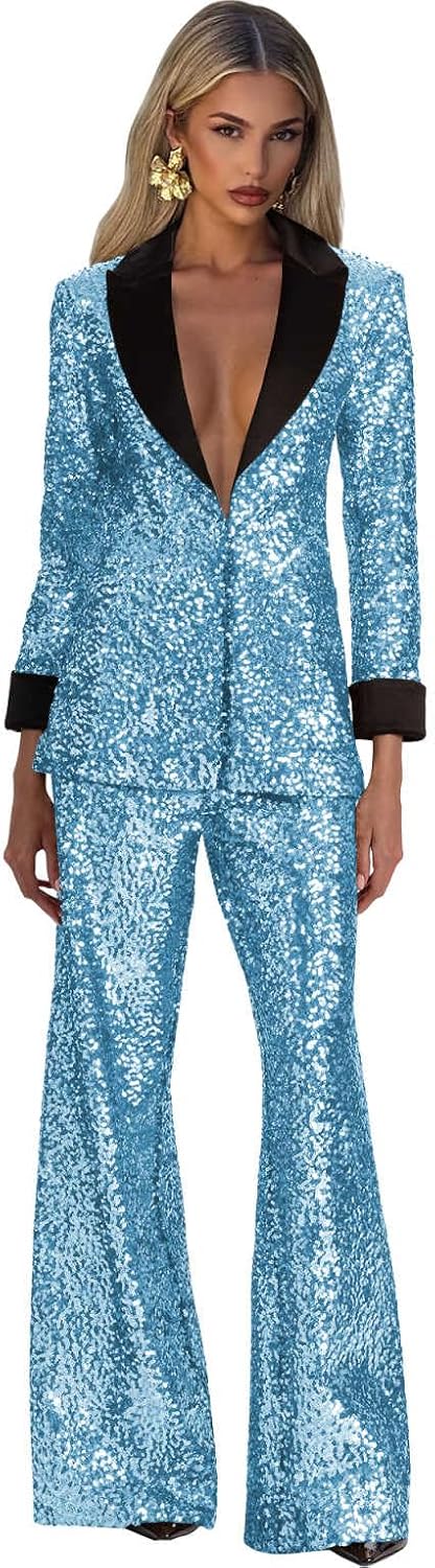 Sequin Suits for Women 2 Piece V Neck Sparkly Womens Pant Suit Dressy One Button Prom Party Wedding Tuxedo