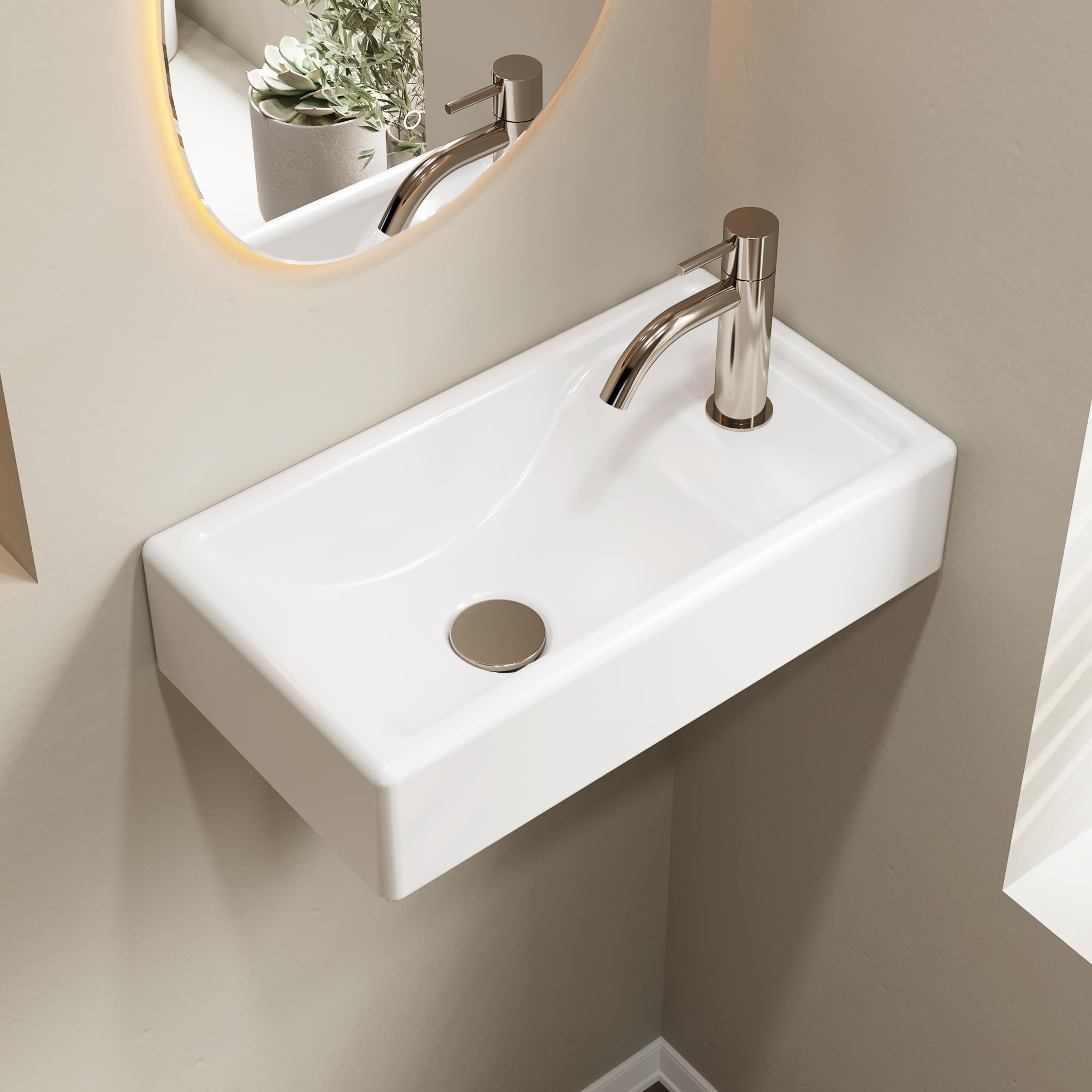 Fregadero rectangular flotante de porcelana de cerámica blanca de 40,6 x 22,8 cm, para montaje en pared, para mano derecha